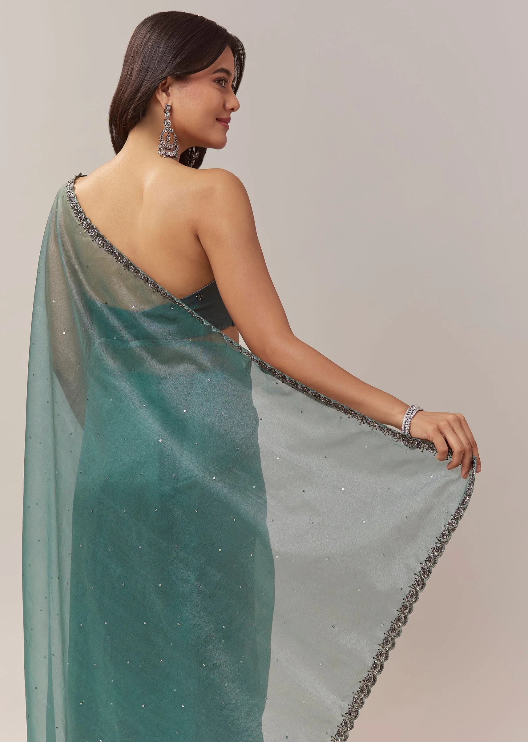 Teal Blue Net Saree With Zigzag Cutwork Border And Sequin Embroidery - Image 6