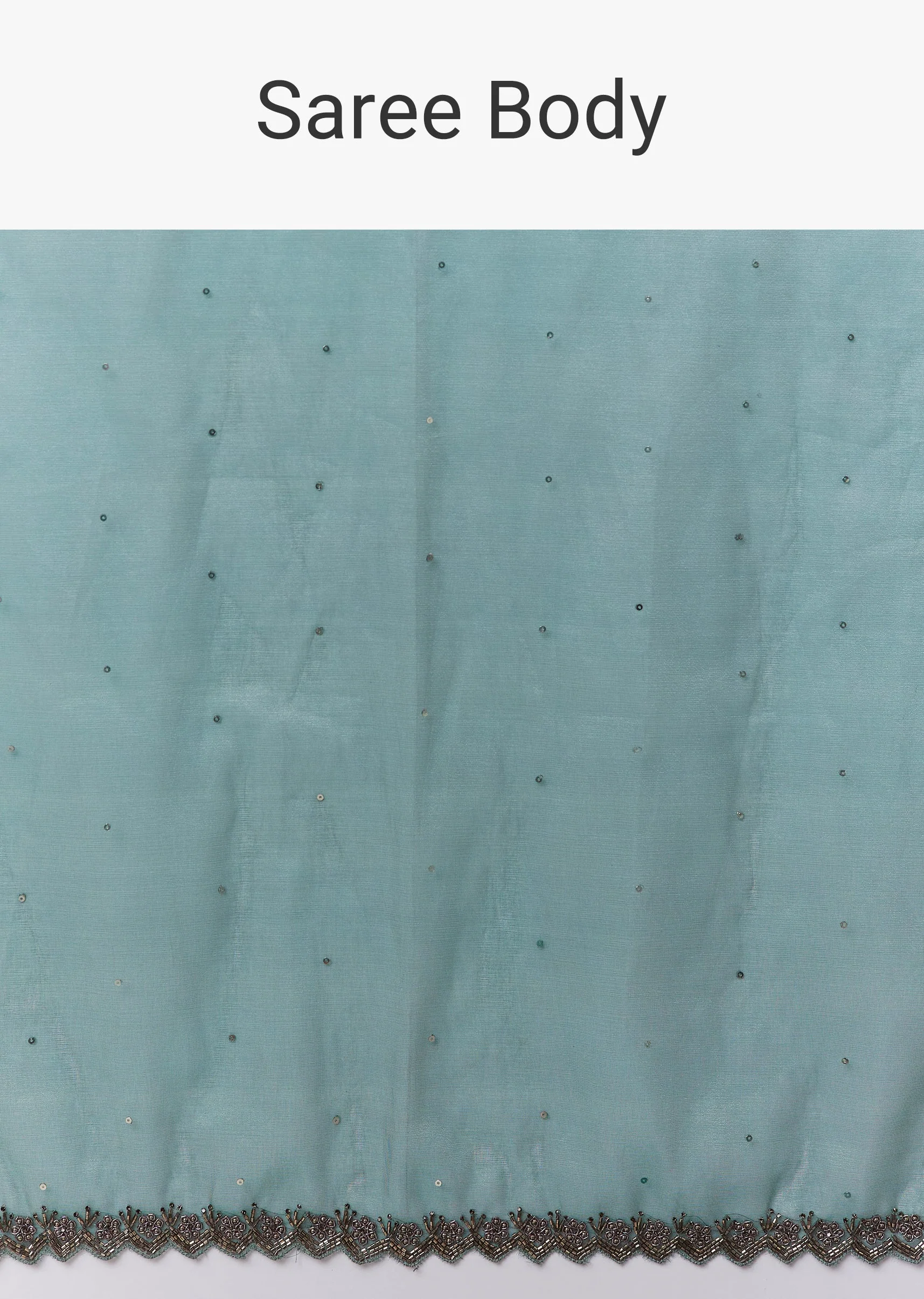 Teal Blue Net Saree With Zigzag Cutwork Border And Sequin Embroidery - Image 9