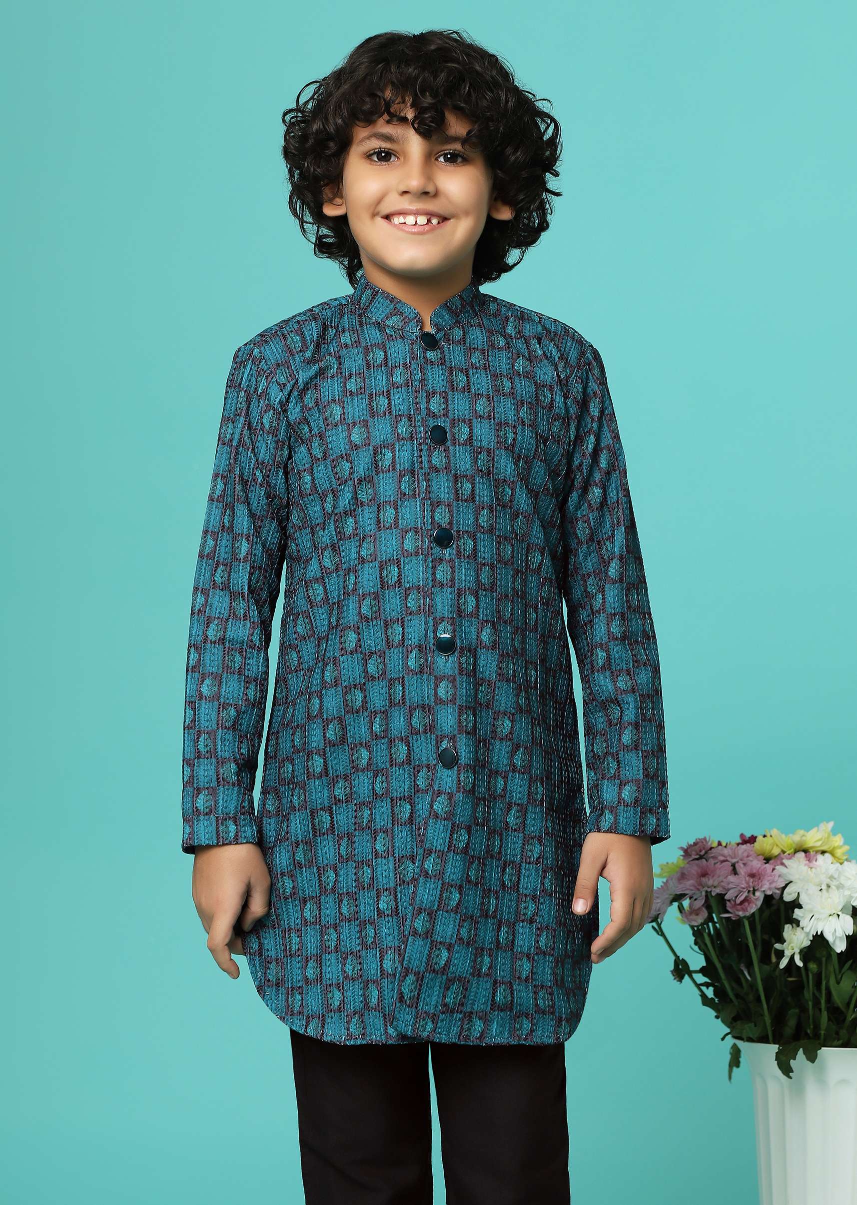 Teal Blue Printed Silk Kurta Pant Set - Image 4