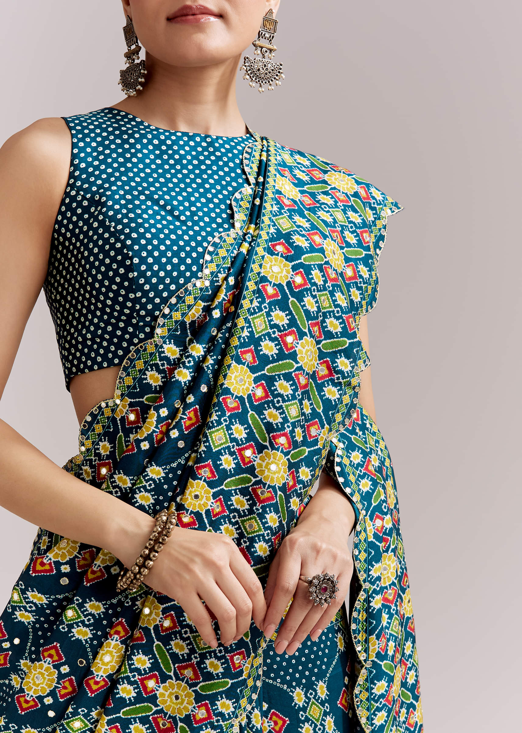 Teal Blue Satin Saree With Ajrakh Print And Scallop Gota Zari Border - Image 2
