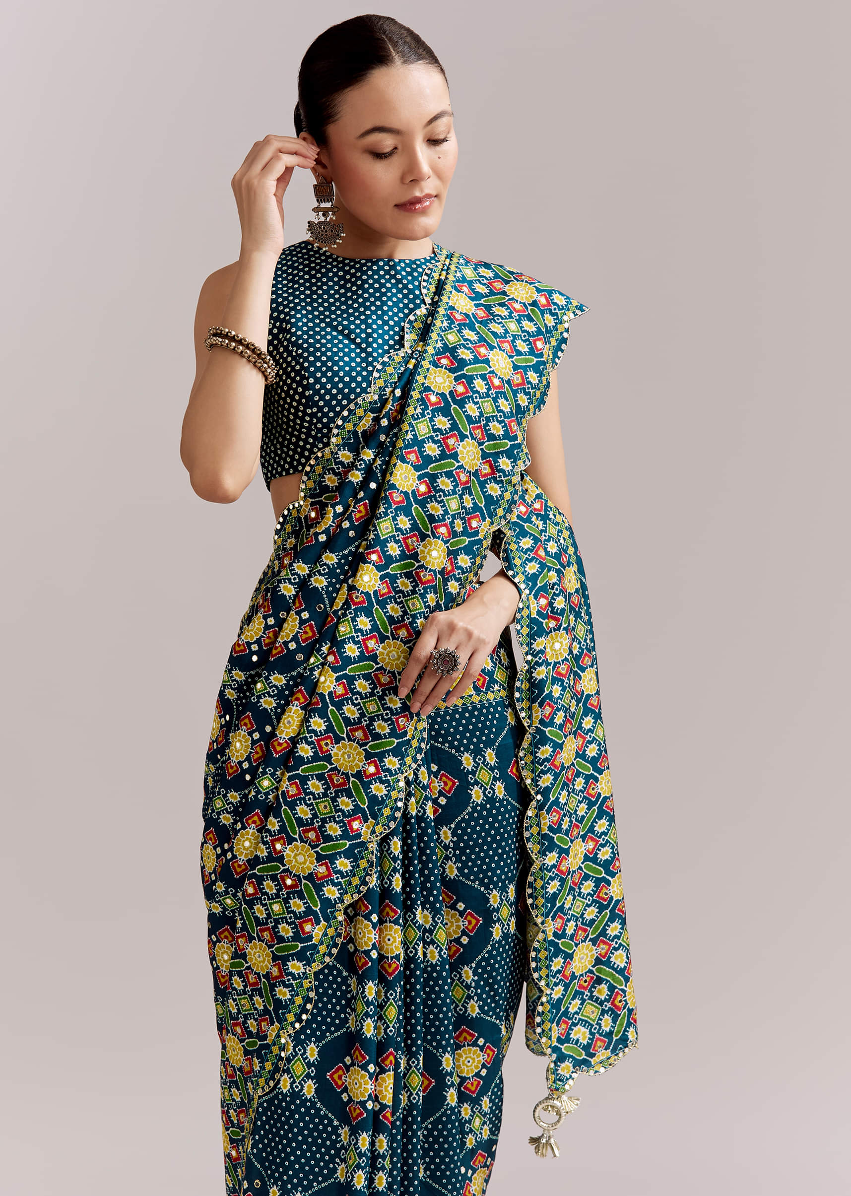 Teal Blue Satin Saree With Ajrakh Print And Scallop Gota Zari Border - Image 5