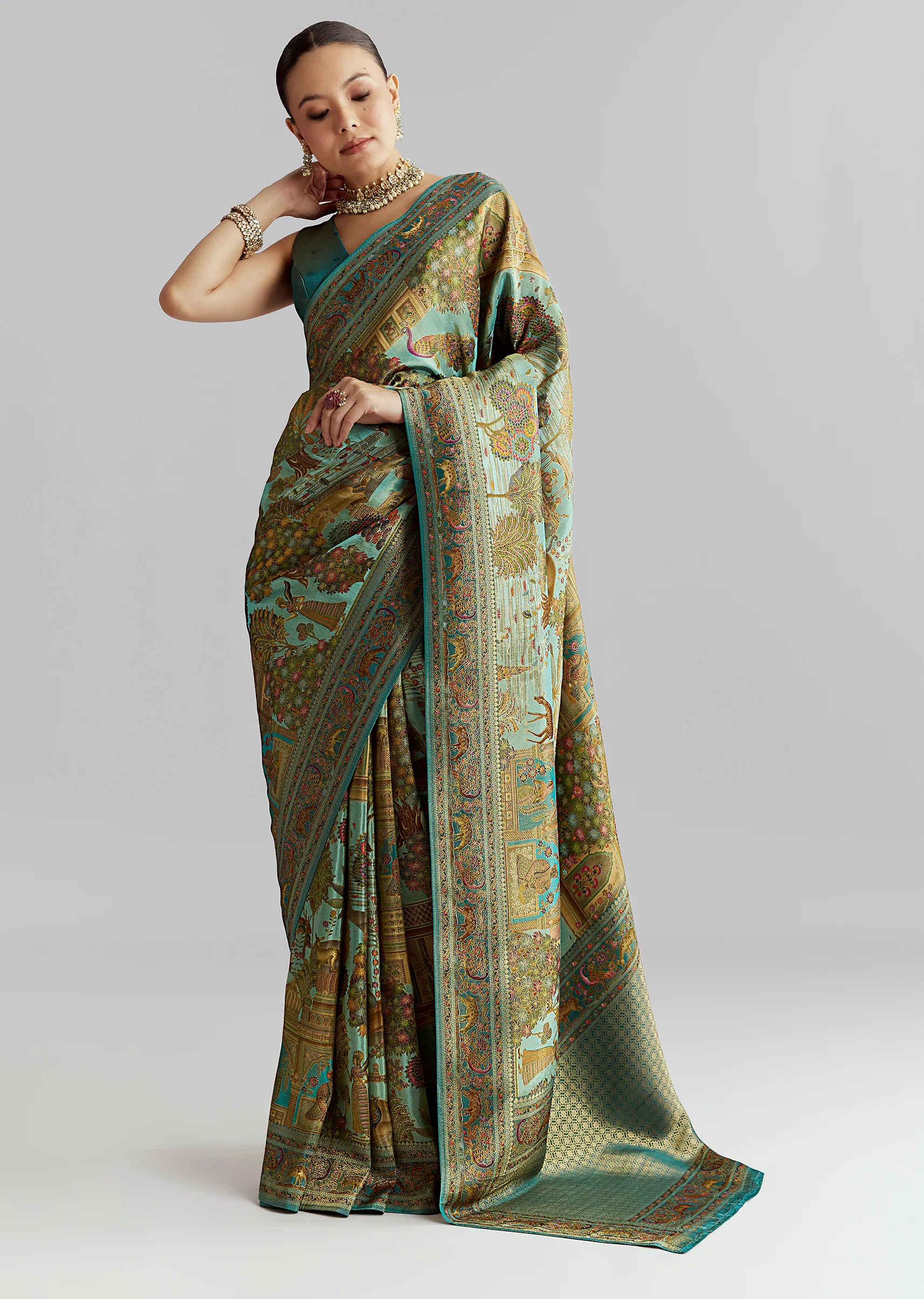 Teal Blue Satin Silk Woven Saree With Digital Historical Print