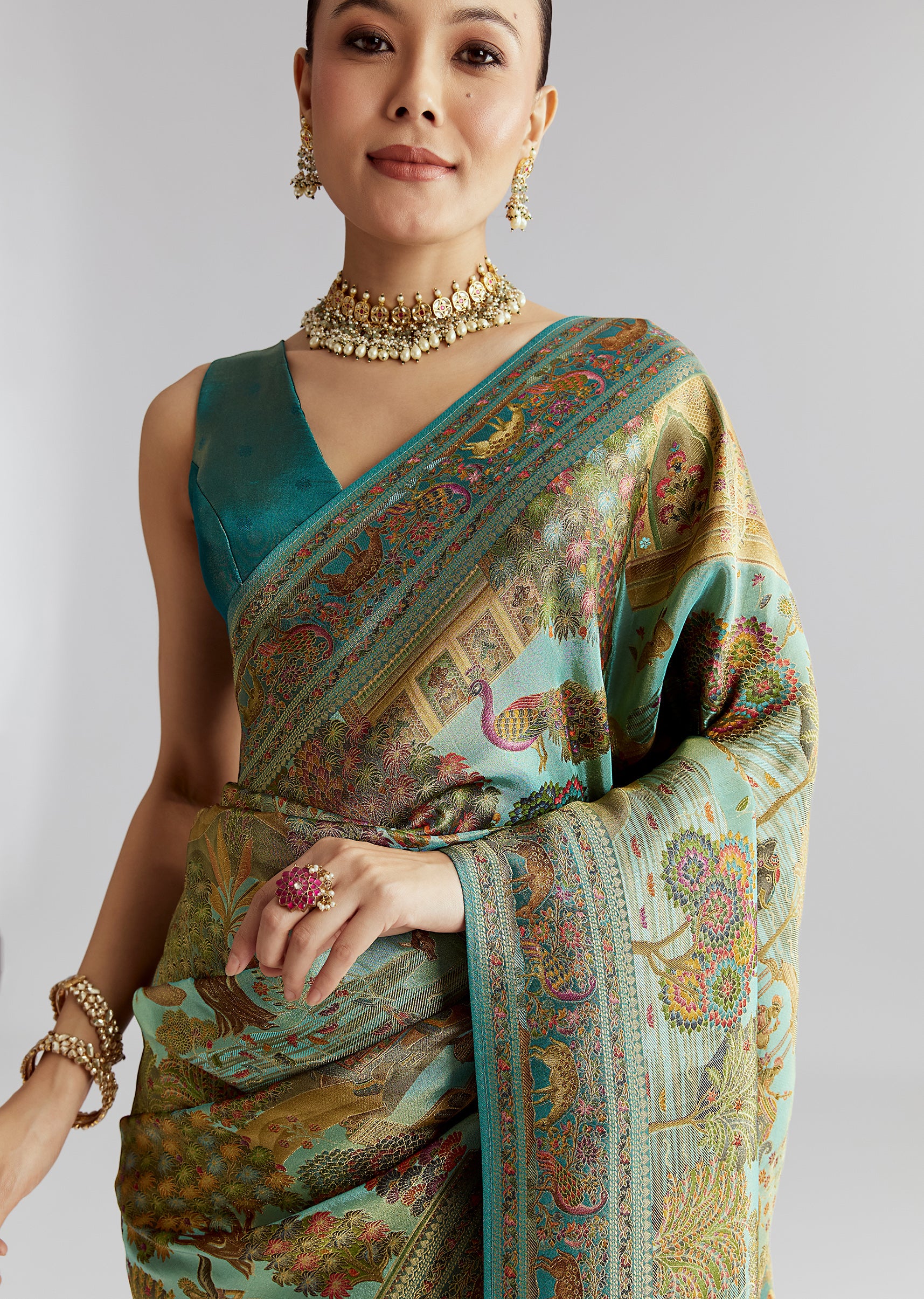 Teal Blue Satin Silk Woven Saree With Digital Historical Print - Image 2