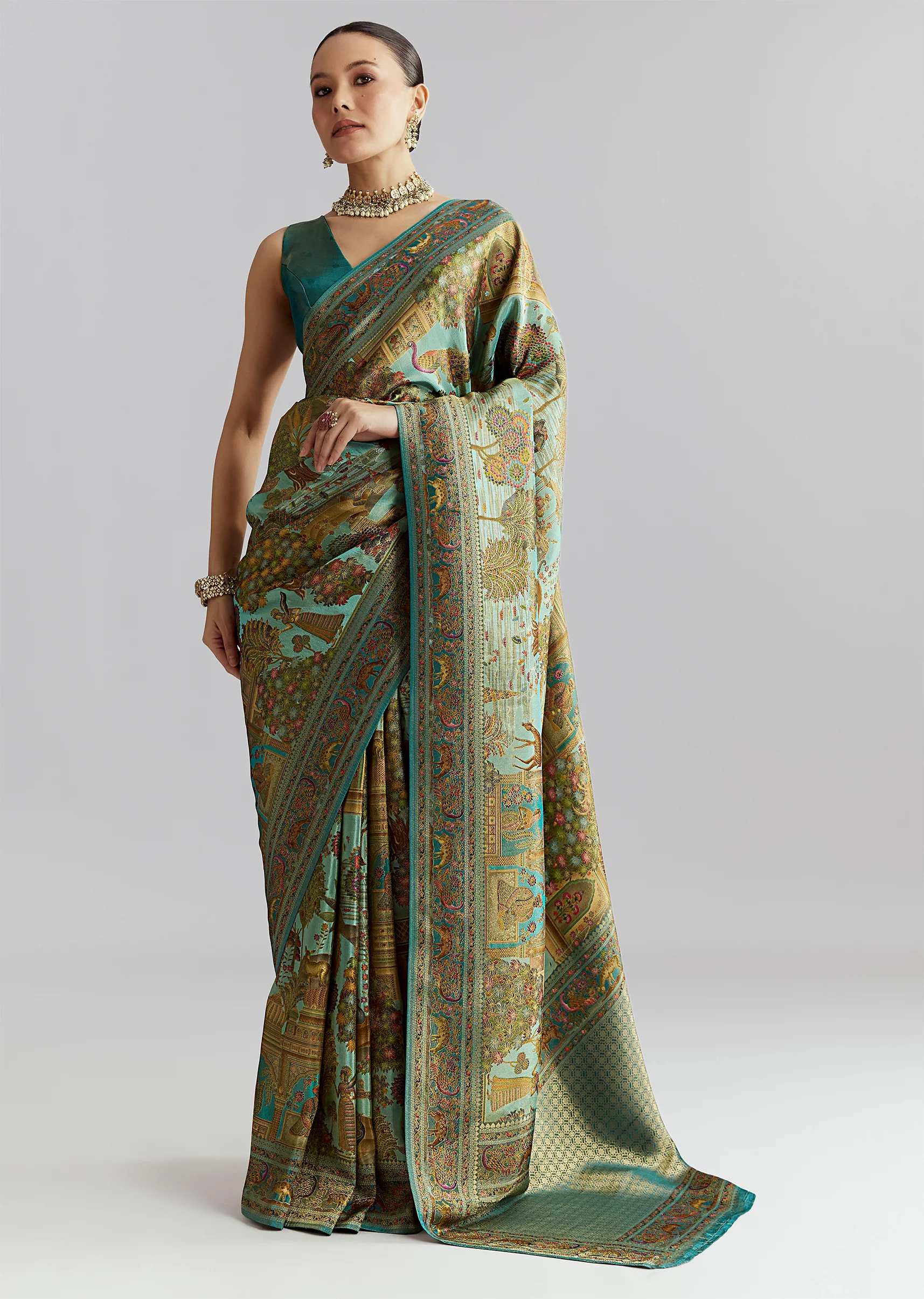 Teal Blue Satin Silk Woven Saree With Digital Historical Print - Image 3