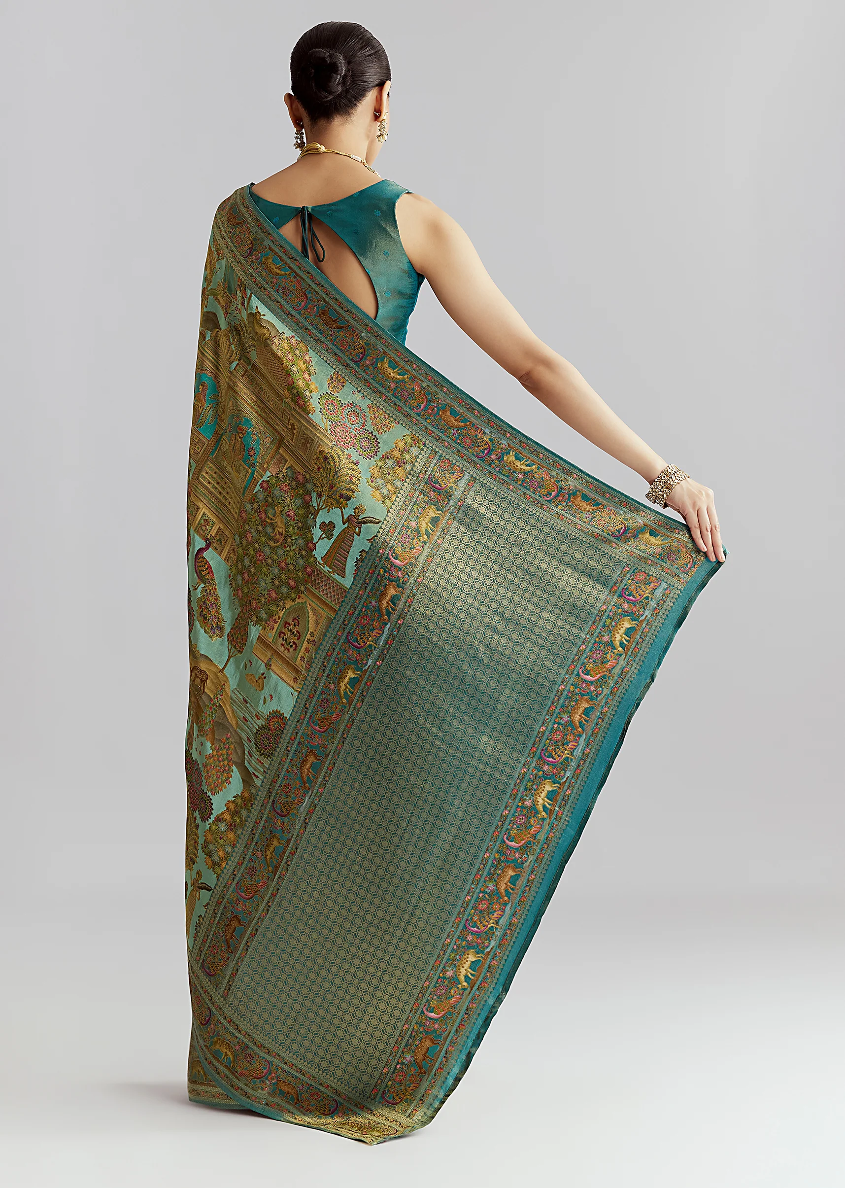 Teal Blue Satin Silk Woven Saree With Digital Historical Print - Image 4
