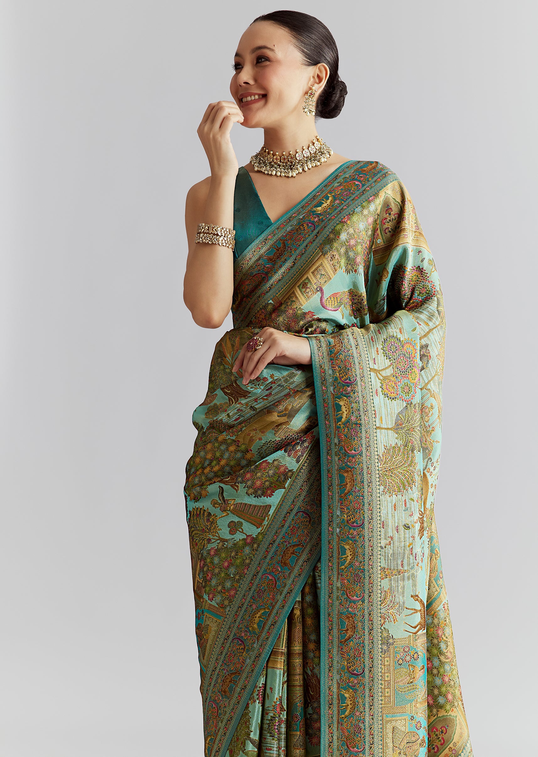 Teal Blue Satin Silk Woven Saree With Digital Historical Print - Image 5