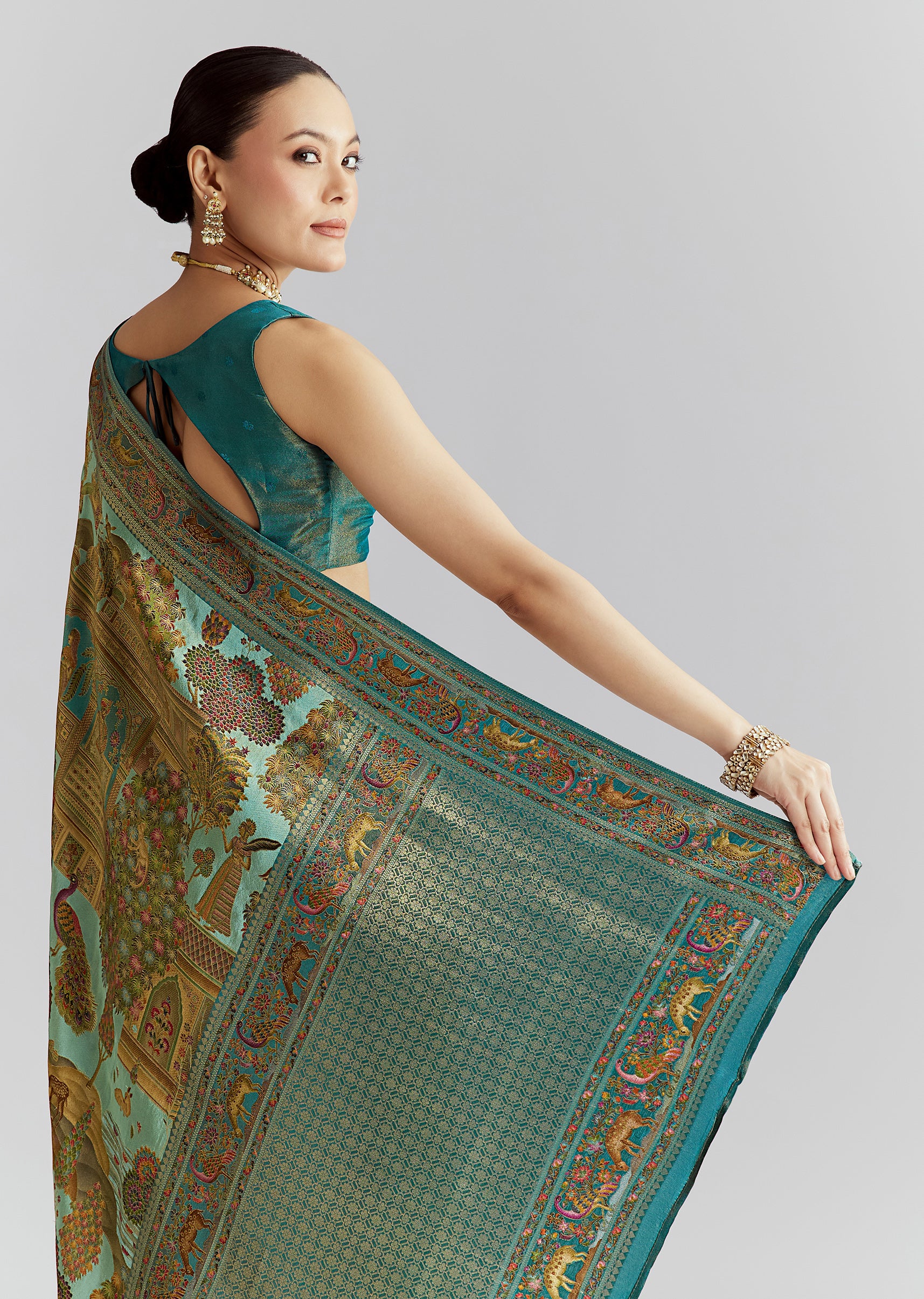 Teal Blue Satin Silk Woven Saree With Digital Historical Print - Image 6