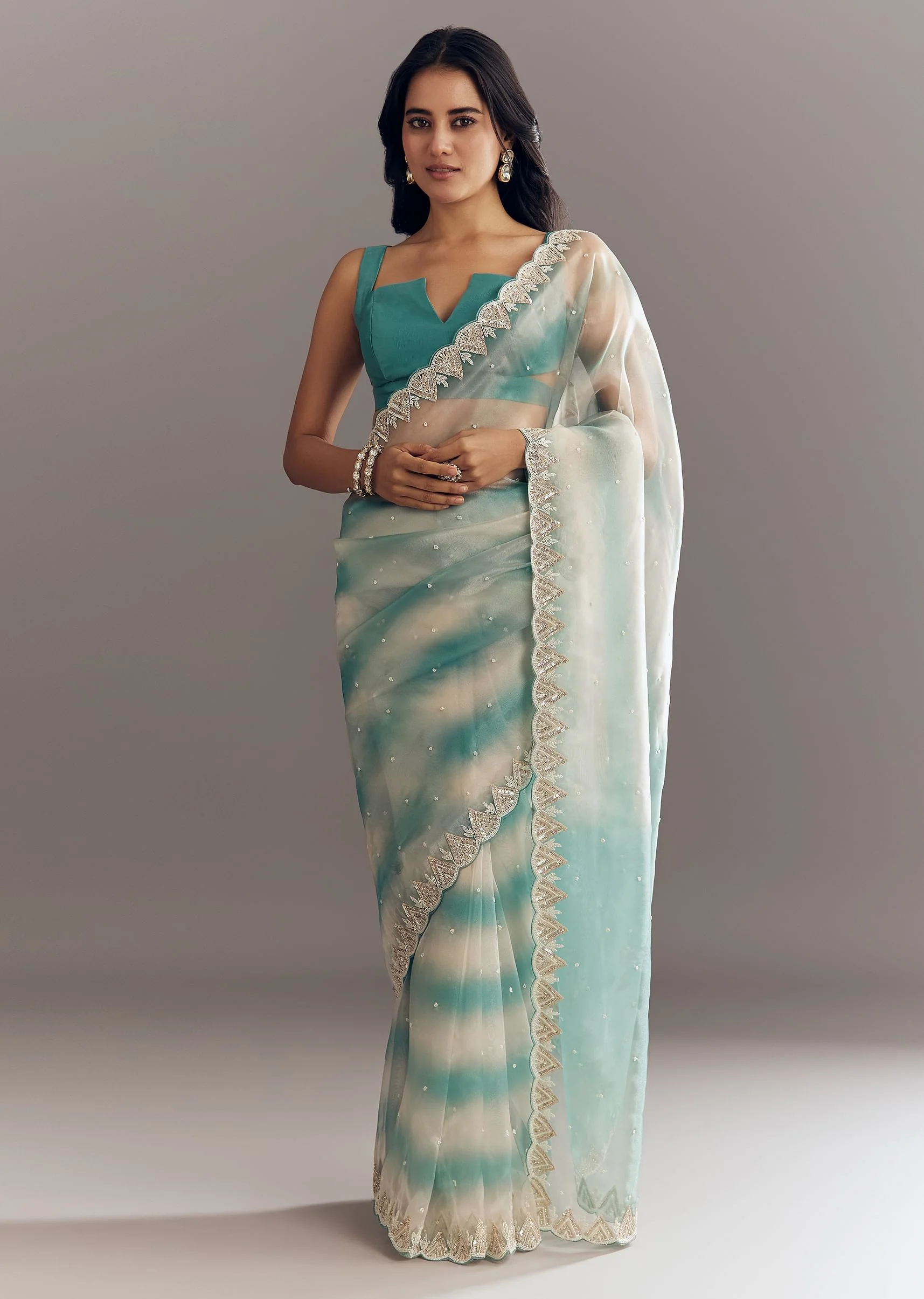 Teal Blue Shaded Organza Saree With Moti Stone Sequins Embroidery And Cutwork Scallop Border