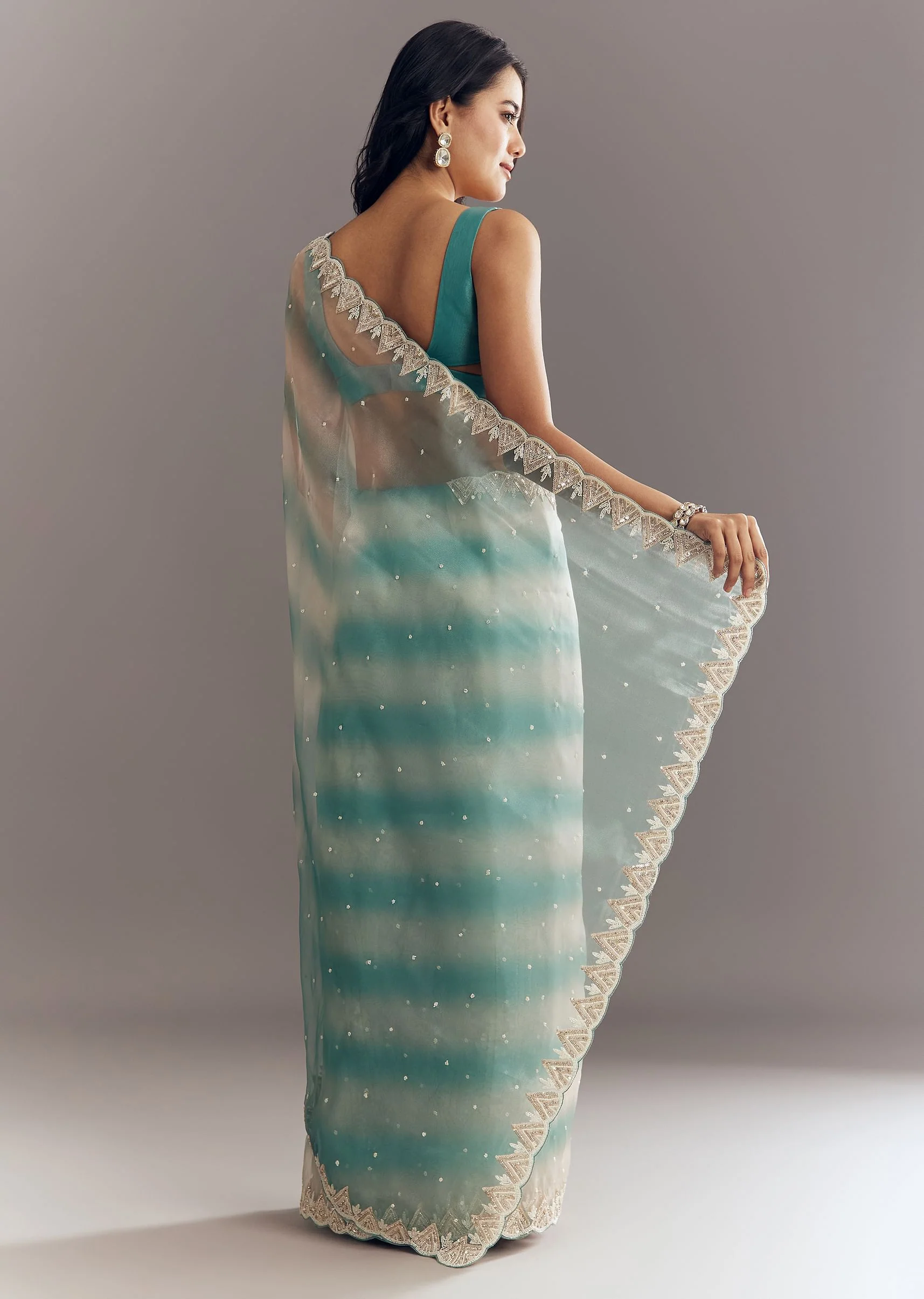 Teal Blue Shaded Organza Saree With Moti Stone Sequins Embroidery And Cutwork Scallop Border - Image 5