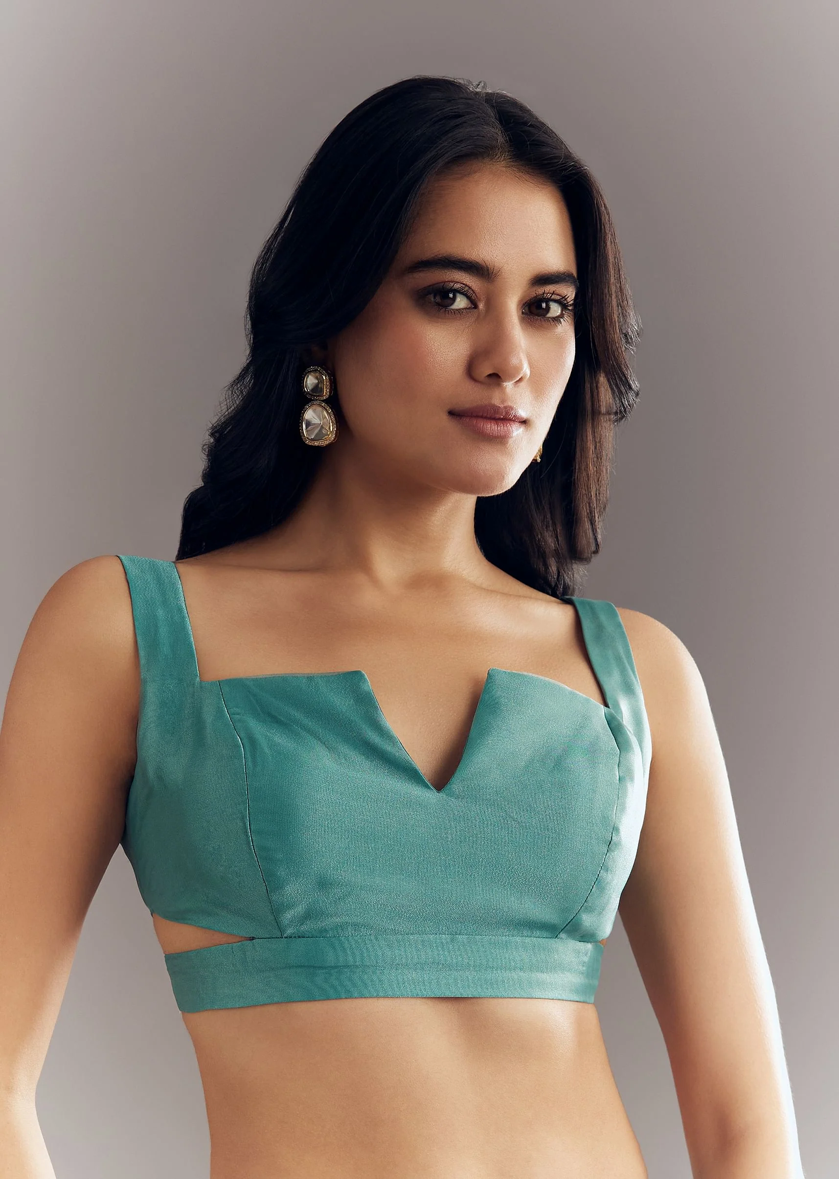 Teal Blue Shaded Organza Saree With Moti Stone Sequins Embroidery And Cutwork Scallop Border - Image 7