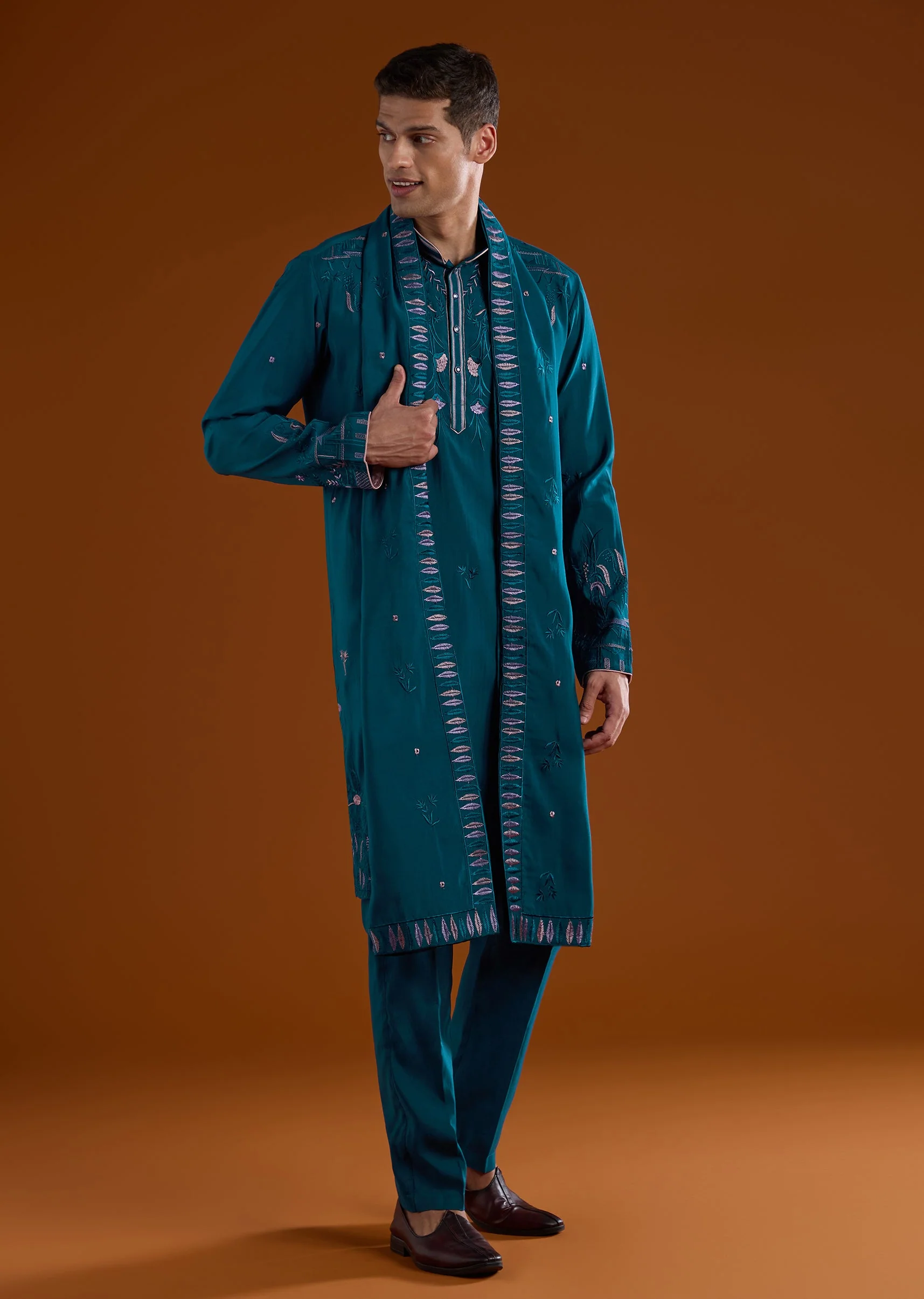 Teal Blue Silk Kurta Set With Dupatta And Thread Work