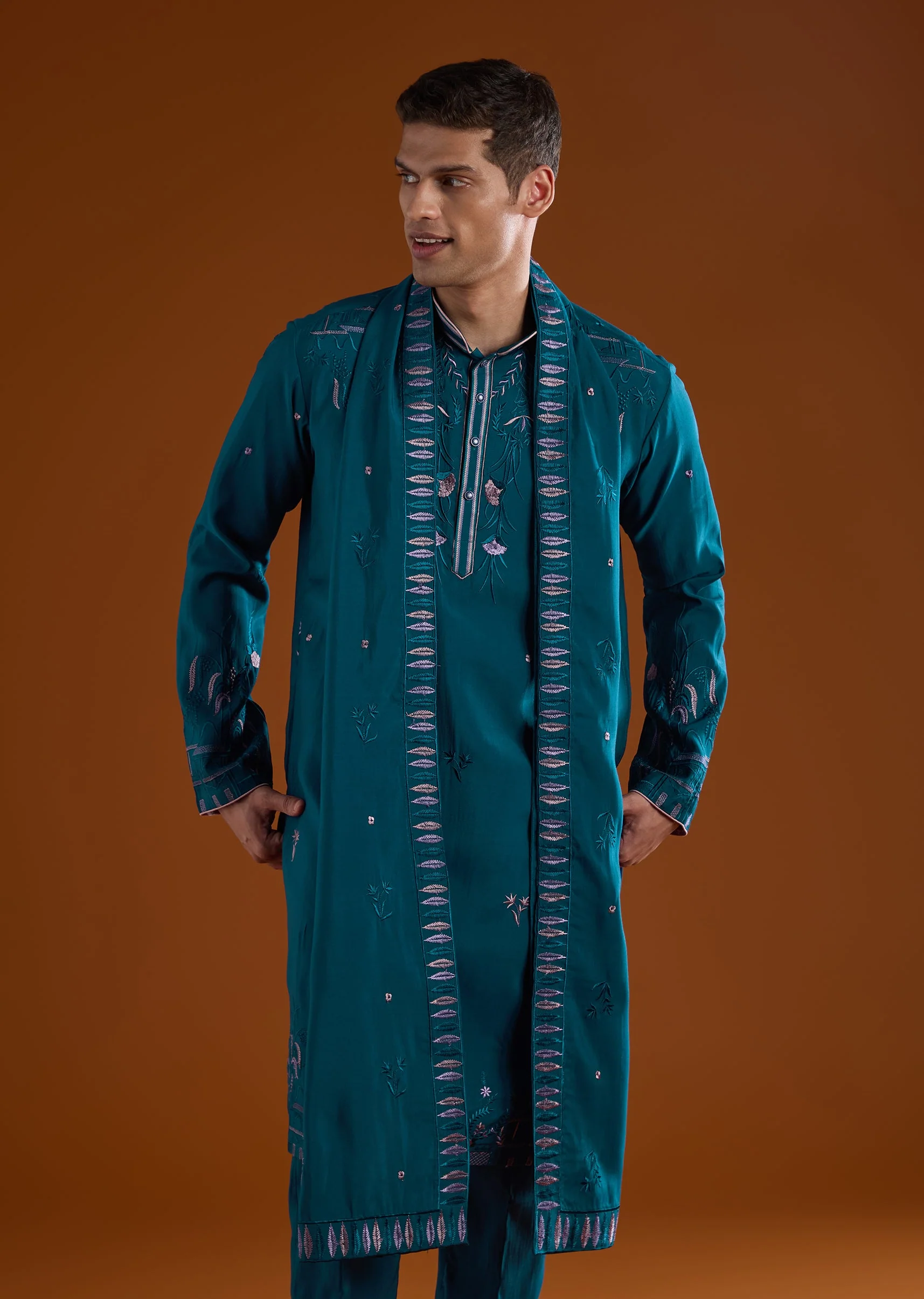 Teal Blue Silk Kurta Set With Dupatta And Thread Work - Image 4