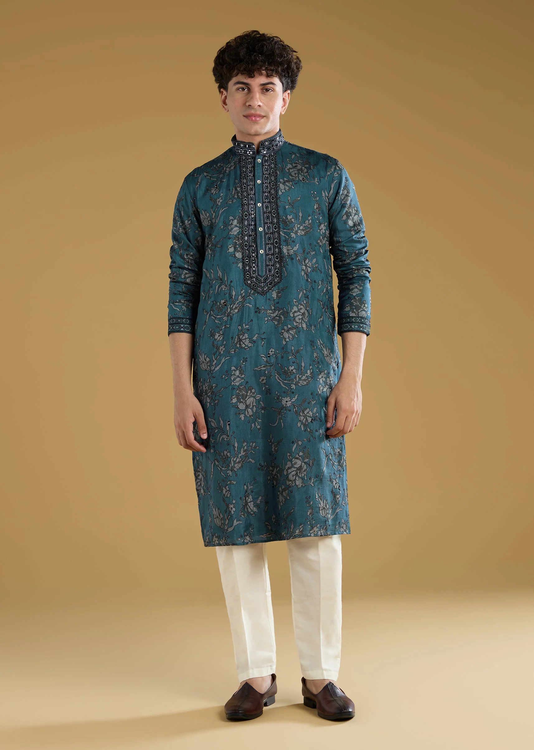 Teal Blue Silk Kurta Set With Thread And Mirror Detail Work