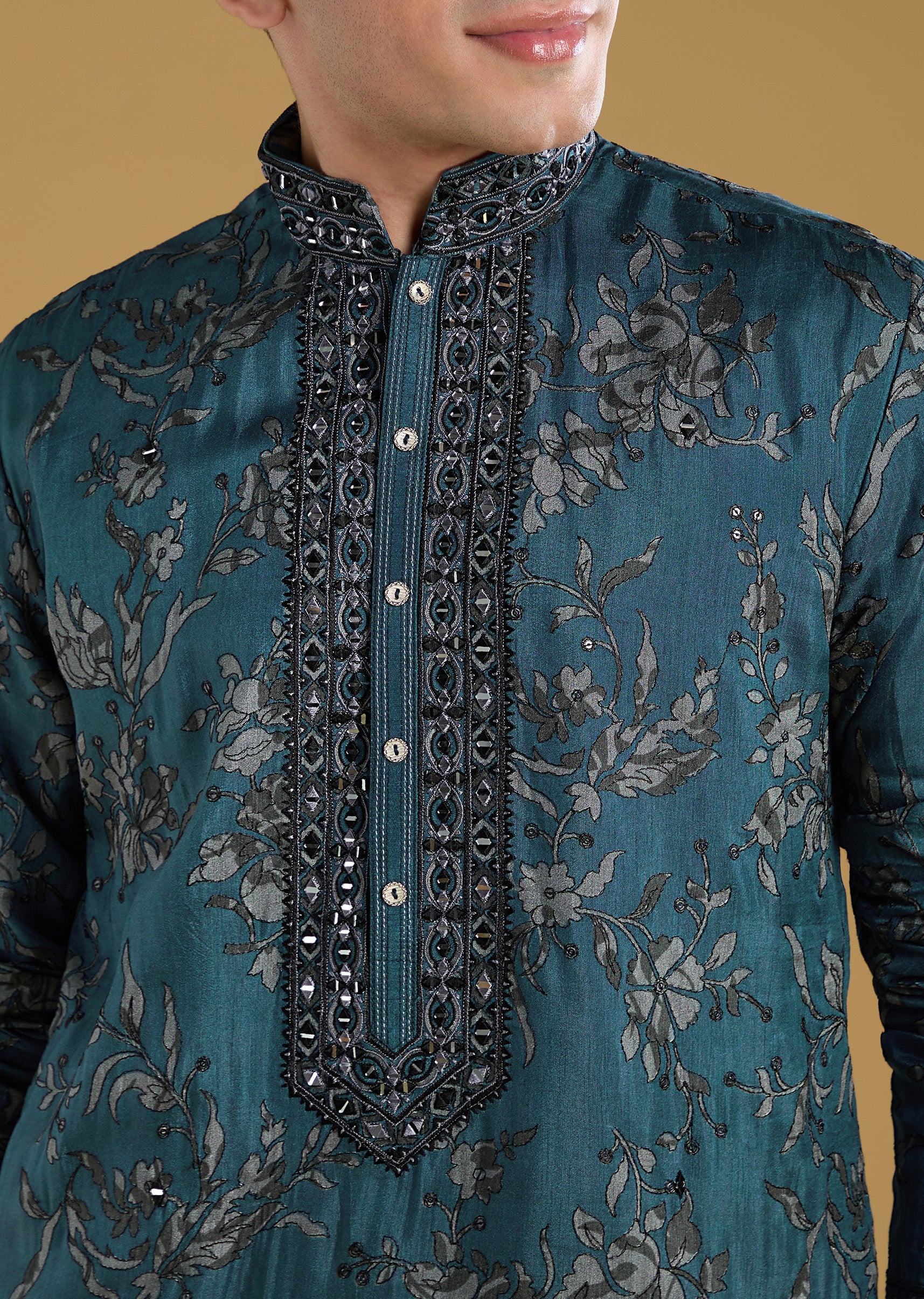 Teal Blue Silk Kurta Set With Thread And Mirror Detail Work - Image 2