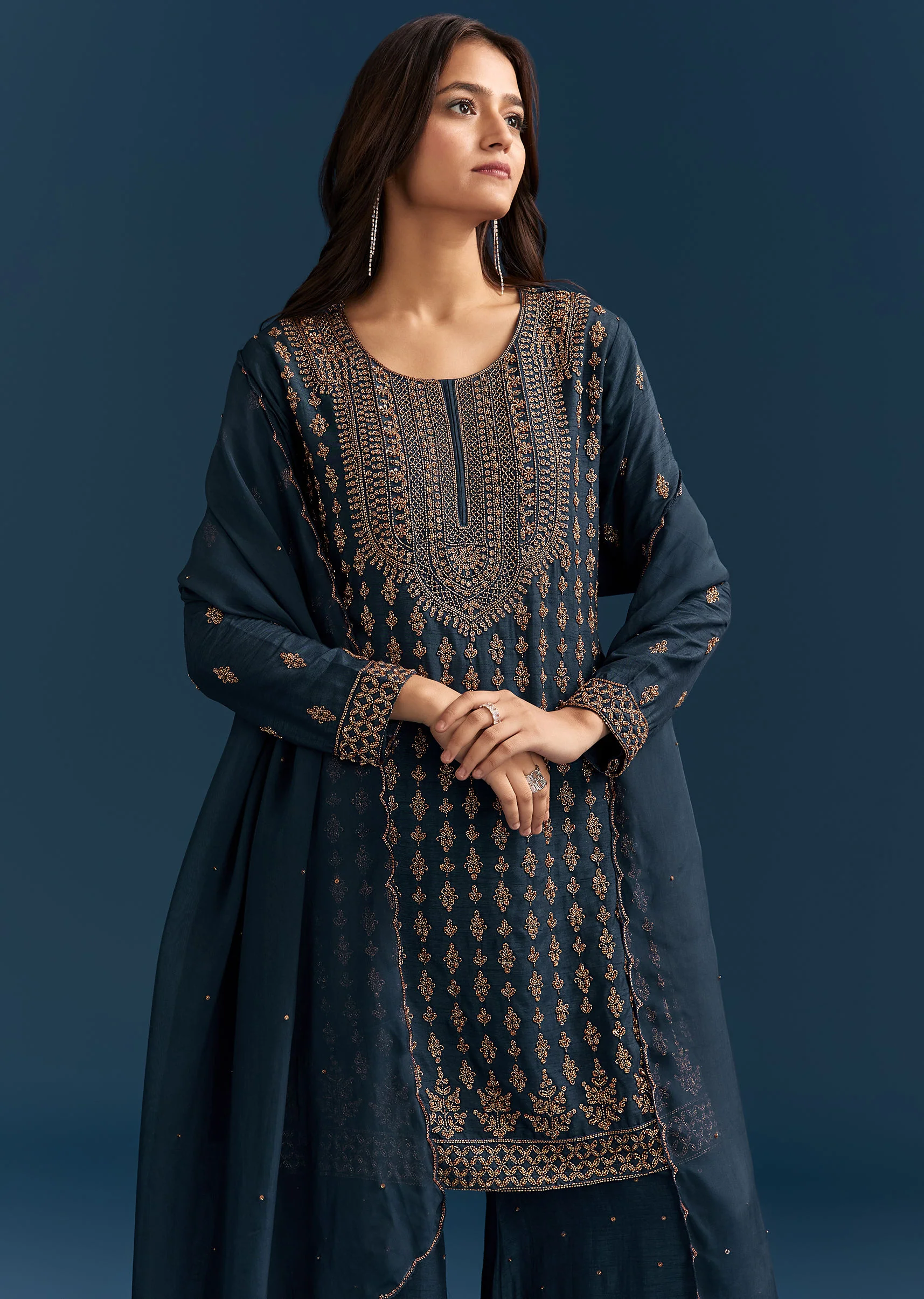 Teal Blue Silk Palazzo Suit With Cut Dana Work And Dupatta - Image 3