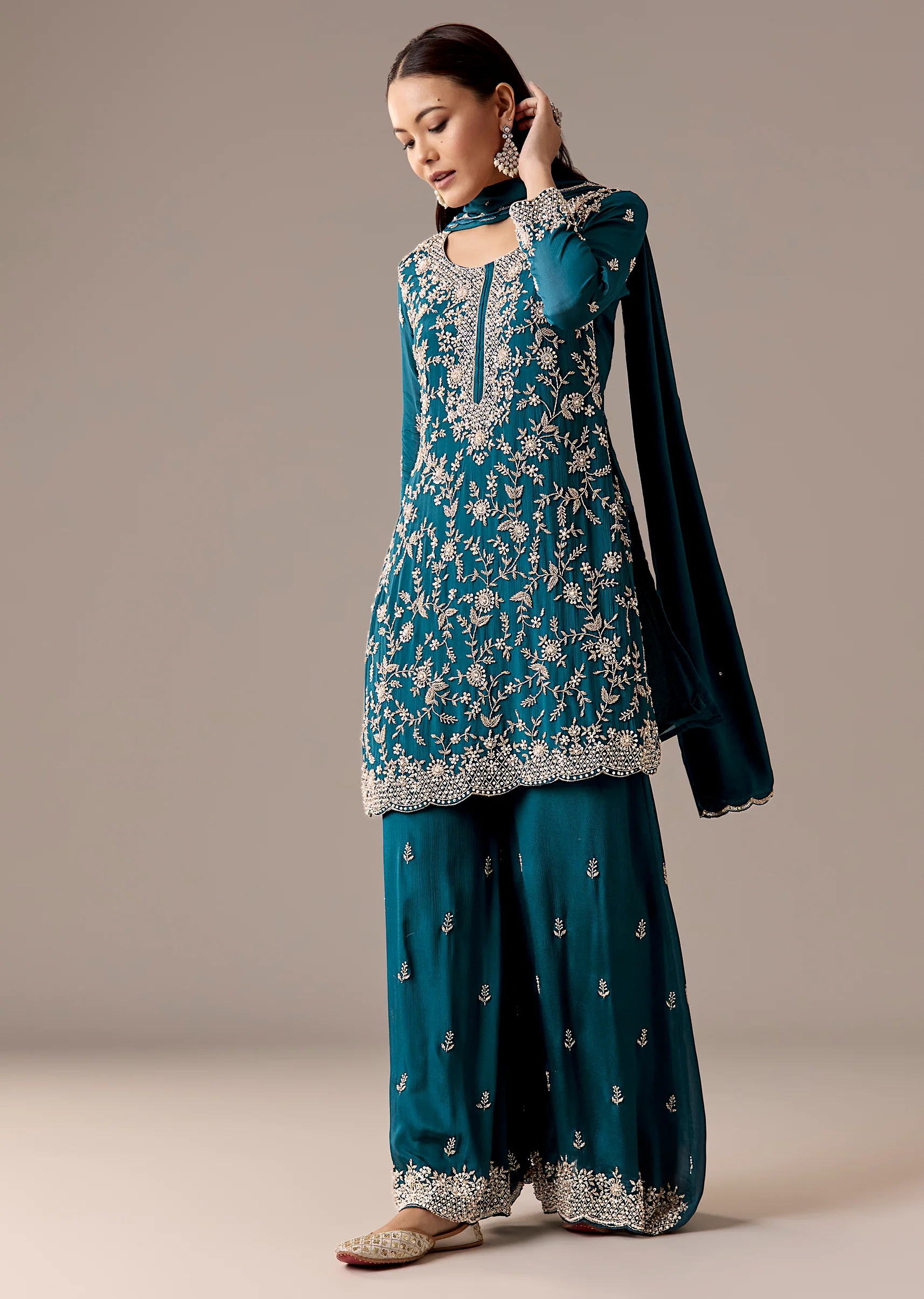 Teal Blue Twinning Statement – Pakistani Style Palazzo Suit For Her And Teal Mirror Detail Kurta Set For Him - Image 3