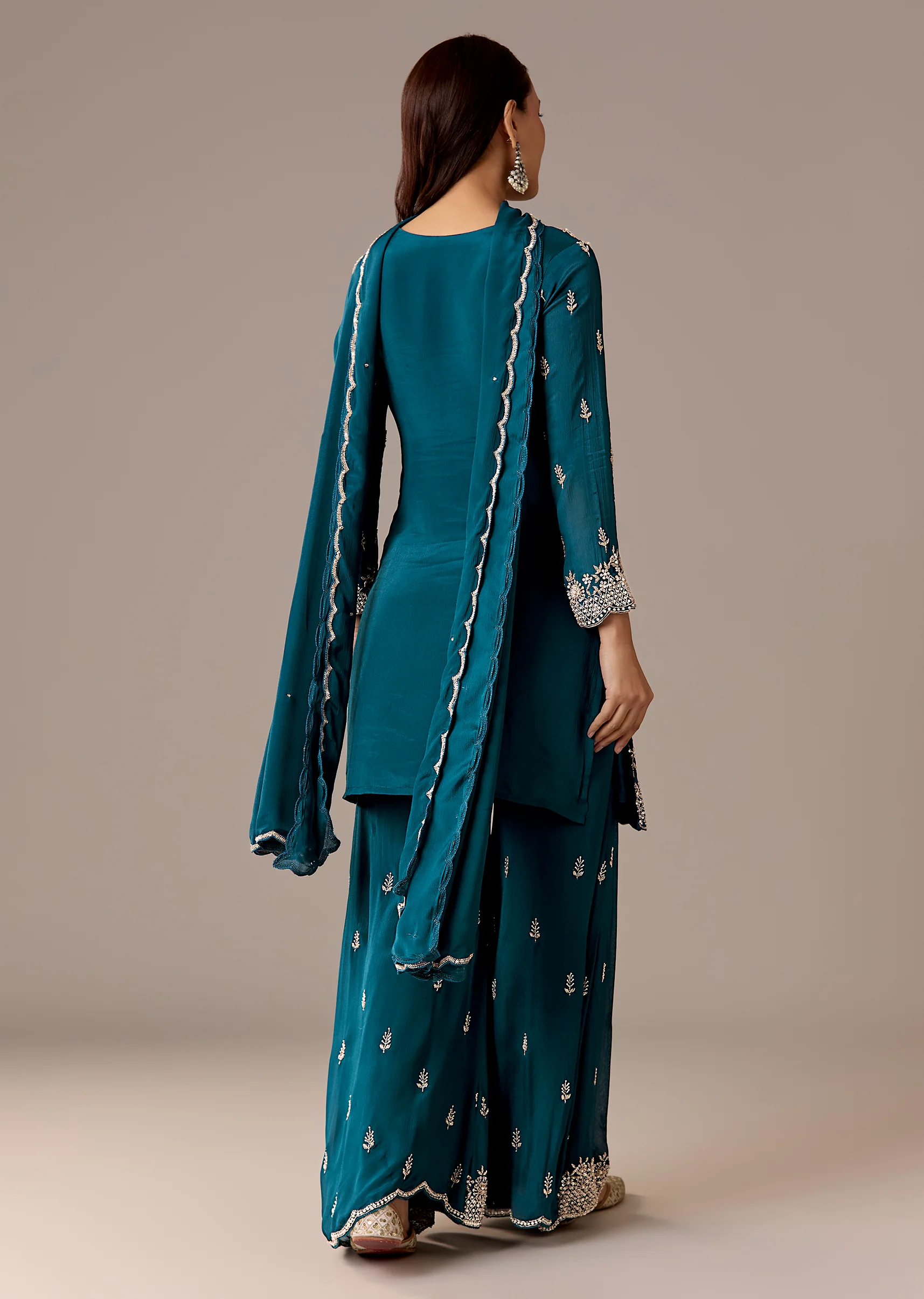 Teal Blue Twinning Statement – Pakistani Style Palazzo Suit For Her And Teal Mirror Detail Kurta Set For Him - Image 5