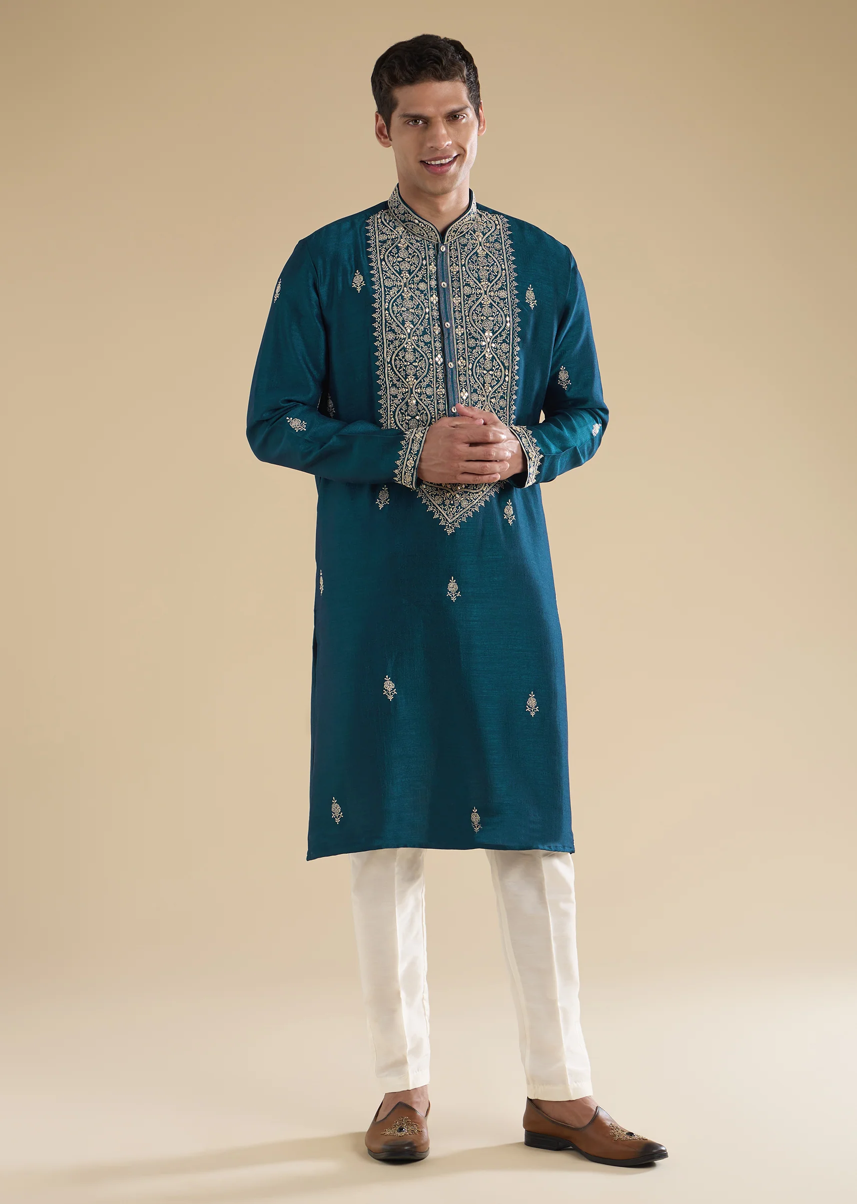 Teal Blue Twinning Statement – Pakistani Style Palazzo Suit For Her And Teal Mirror Detail Kurta Set For Him - Image 8