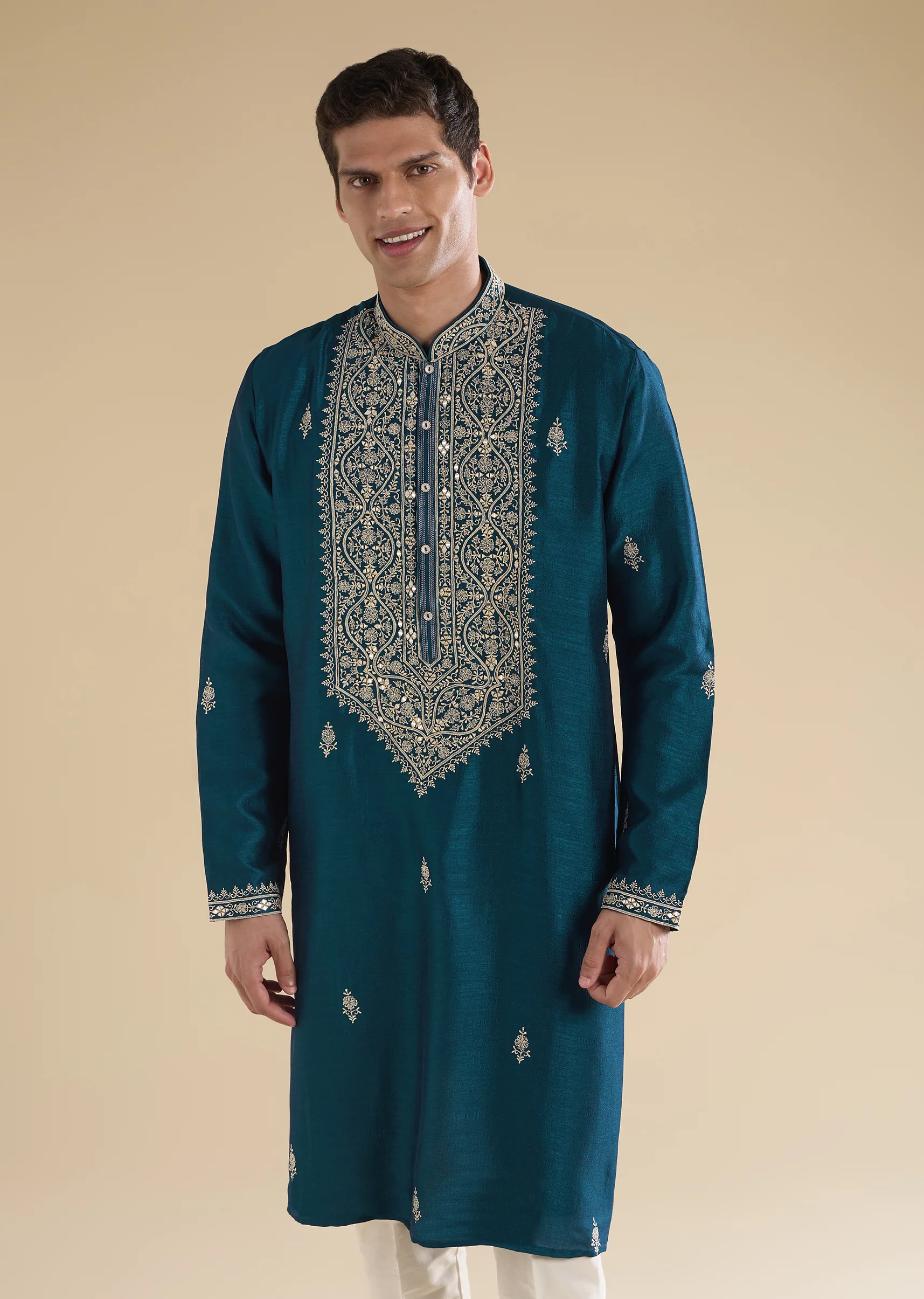 Teal Blue Twinning Statement – Pakistani Style Palazzo Suit For Her And Teal Mirror Detail Kurta Set For Him - Image 9