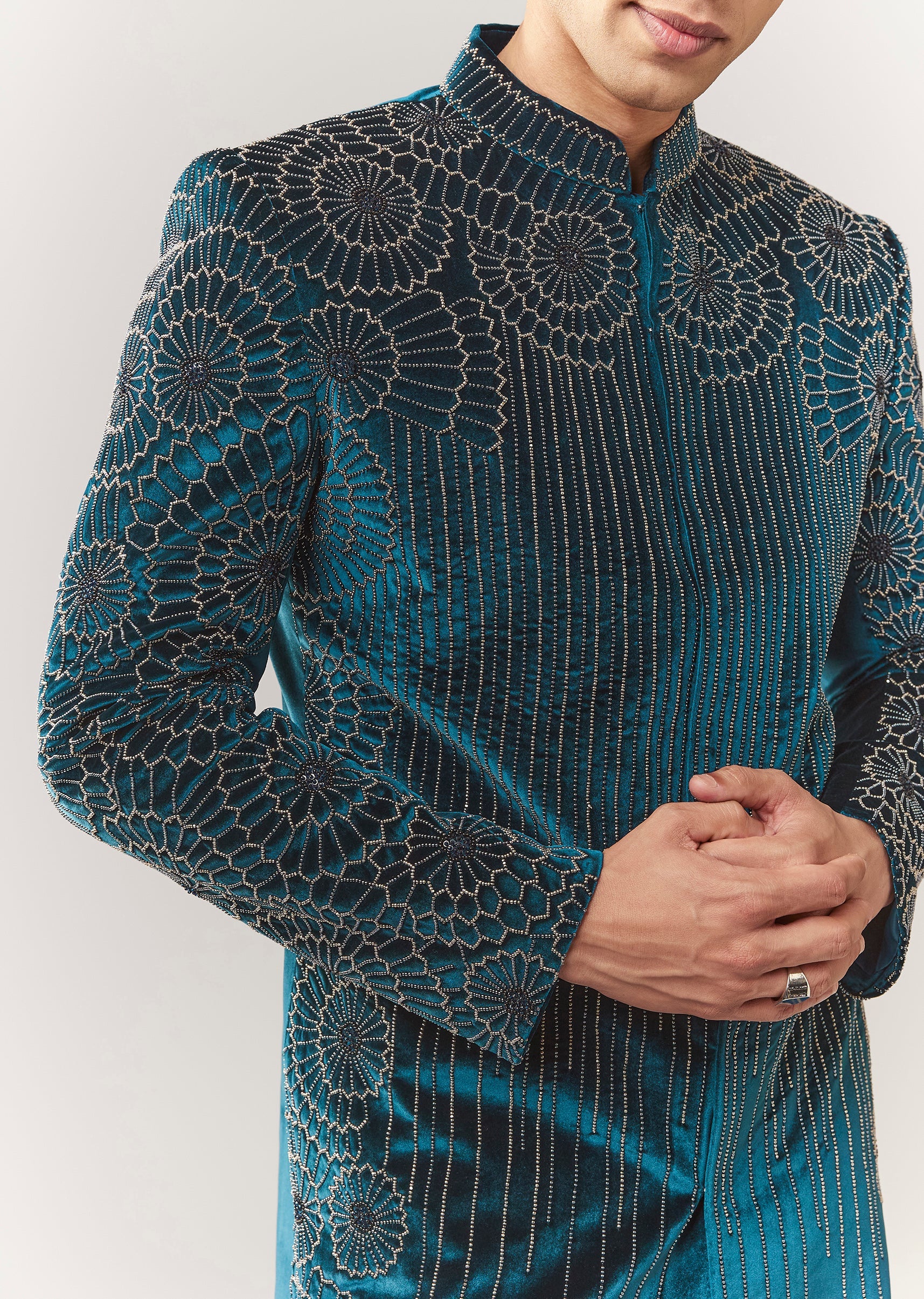 Teal Blue Velvet Indo Western With Bead Work For Groom - Image 2