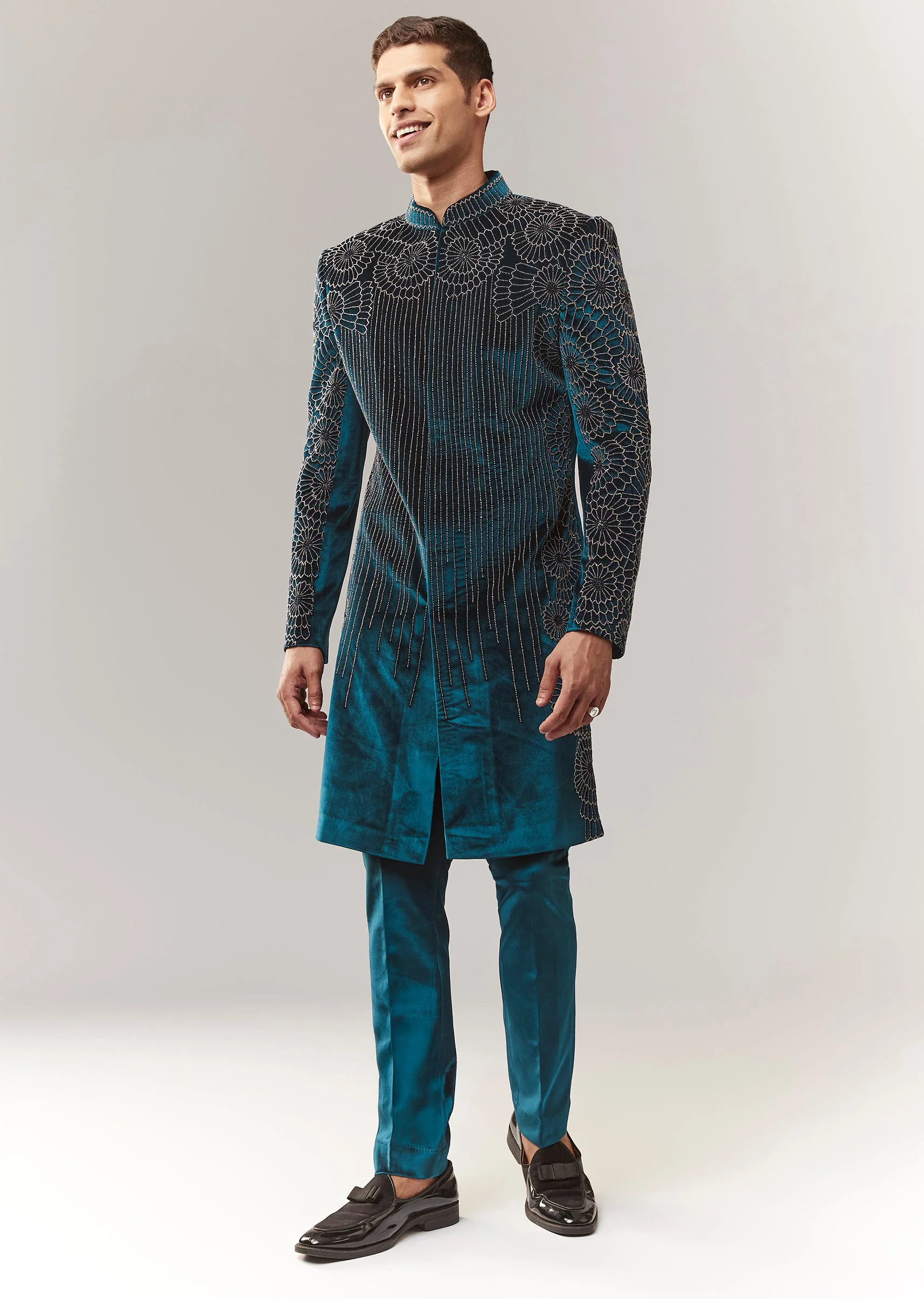 Teal Blue Velvet Indo Western With Bead Work For Groom - Image 3