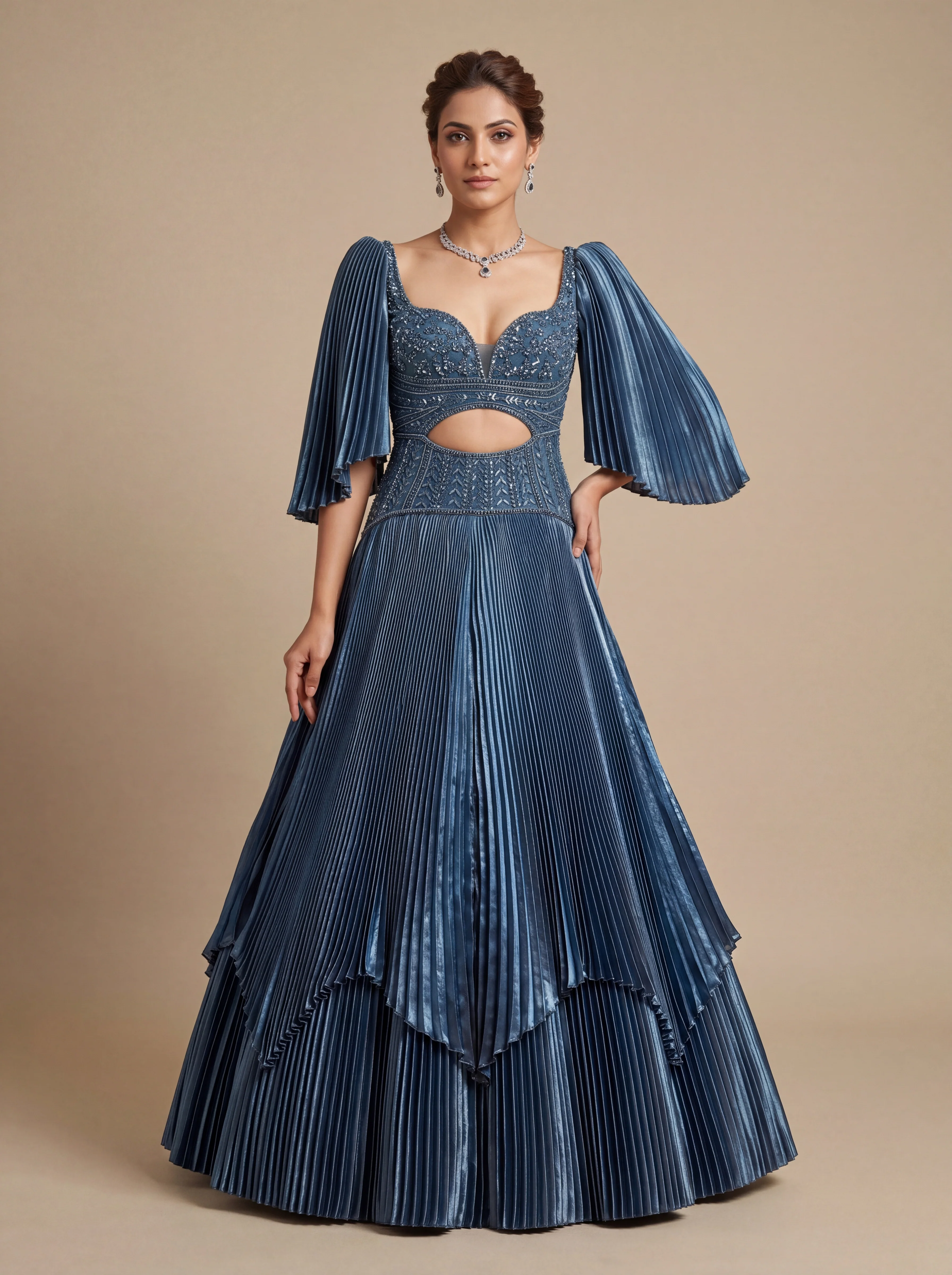 Teal Contemporary Gown With Shimmer Finish And Flared Hem