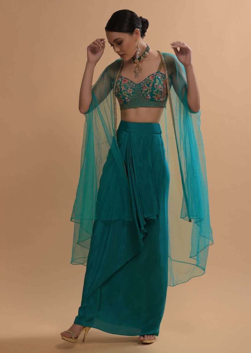 Teal Drape Skirt And Crop Top With Matching Cape And Colorful Resham Embroidered Spring Blooms - Image 3