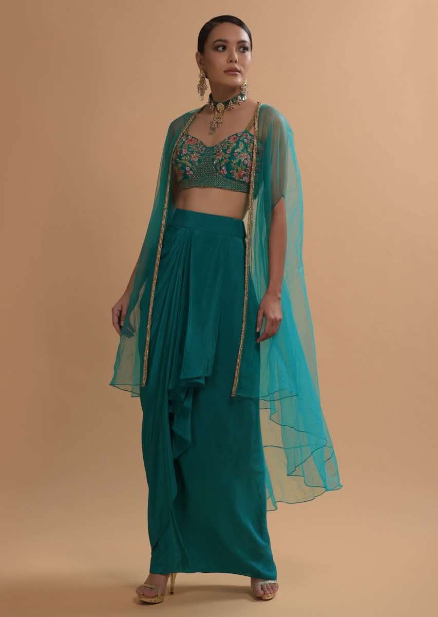 Teal Drape Skirt And Crop Top With Matching Cape And Colorful Resham Embroidered Spring Blooms - Image 5