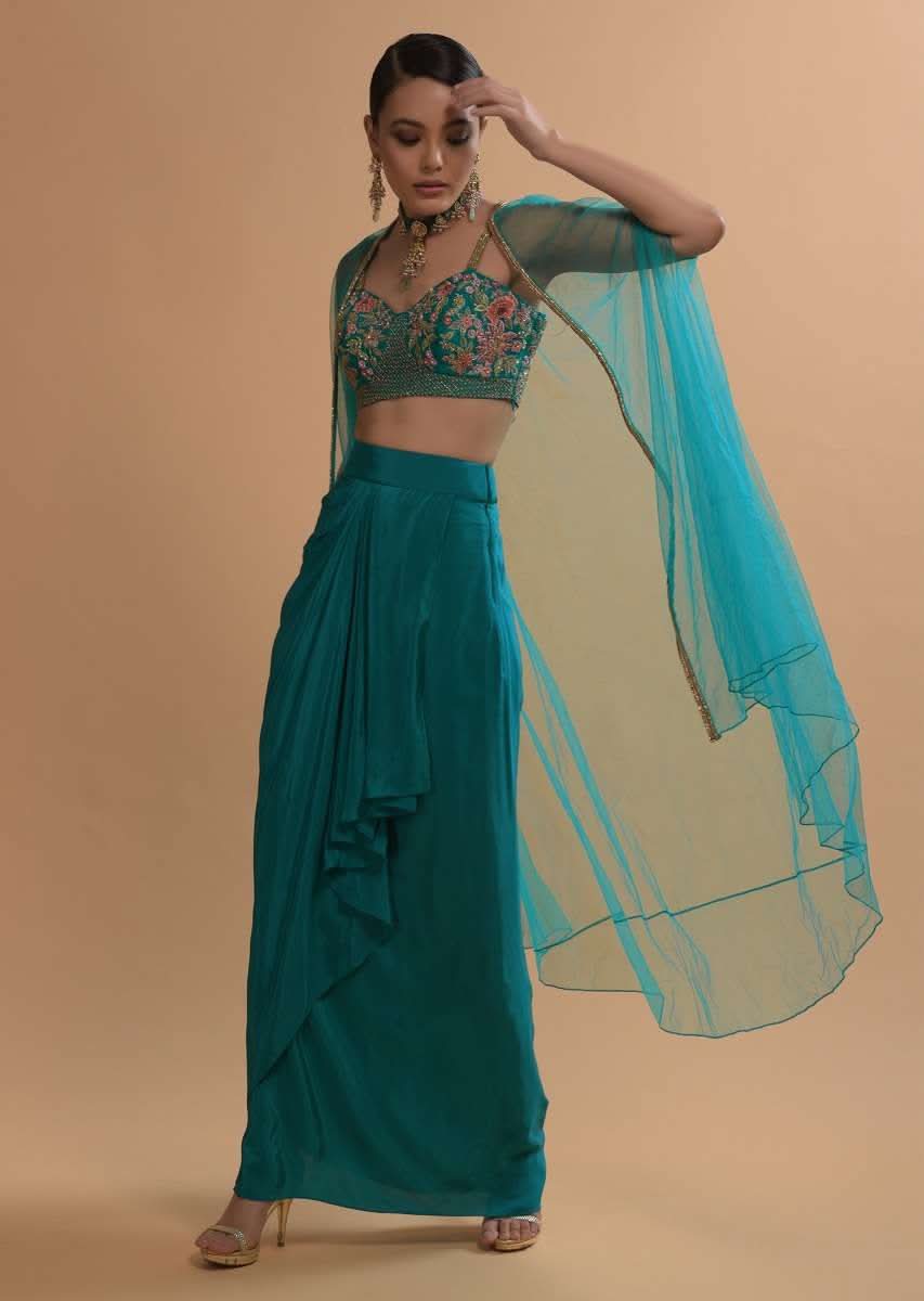 Teal Drape Skirt And Crop Top With Matching Cape And Colorful Resham Embroidered Spring Blooms - Image 7