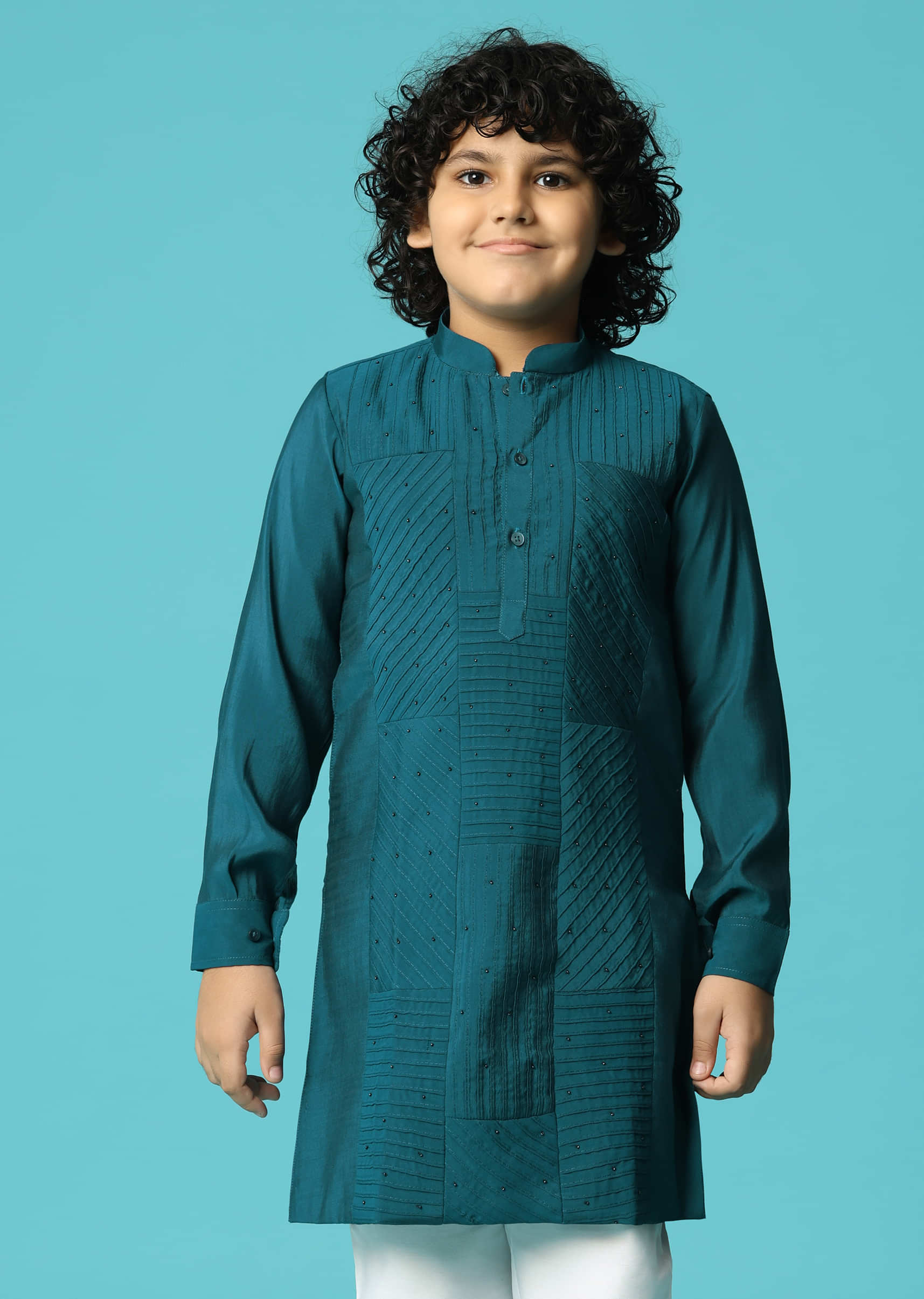 Teal Embroidered Silk Kurta Pant For Boys - Image 4