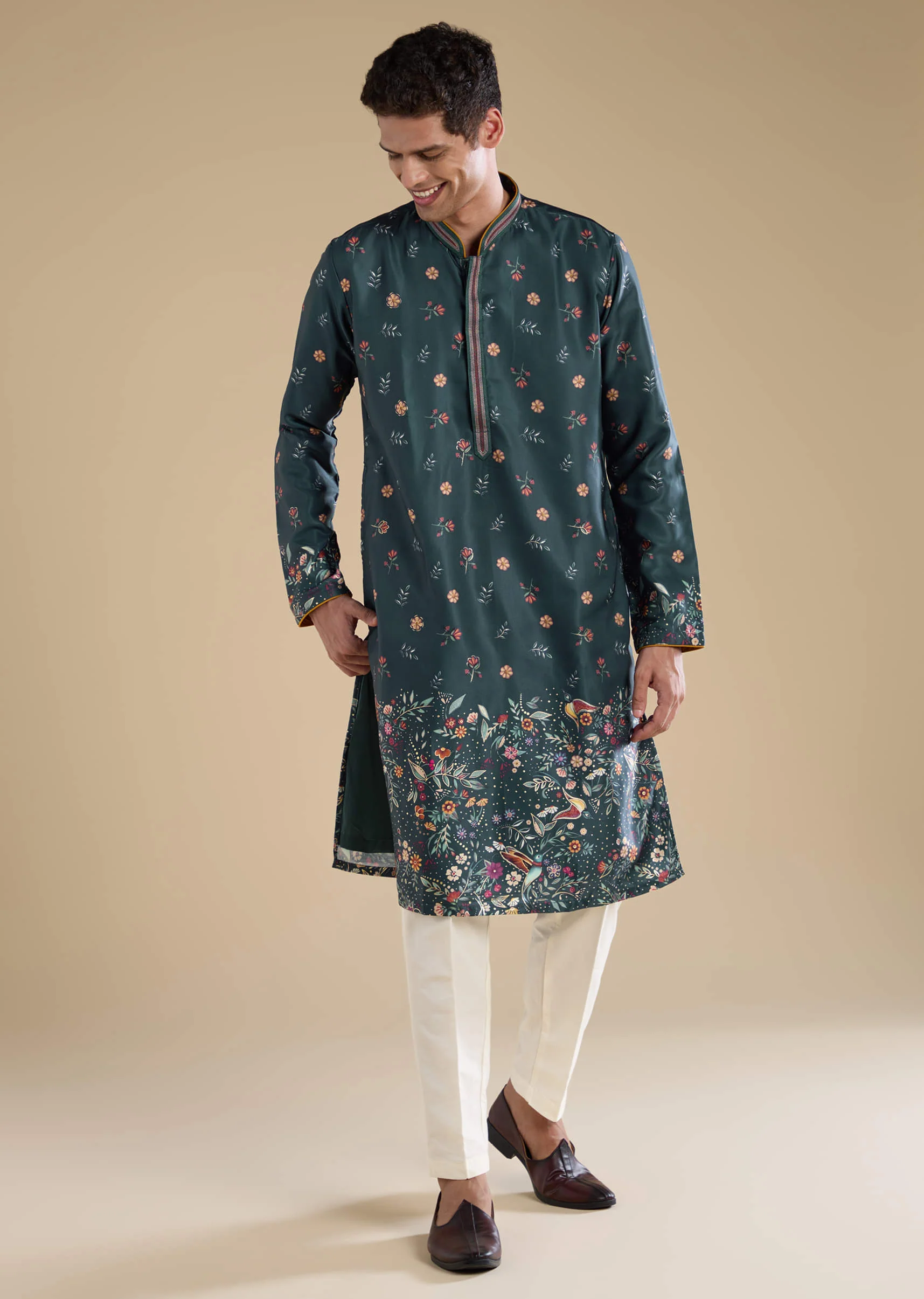 Teal Floral Embroidered Mens Kurta and Pant Set - Image 3