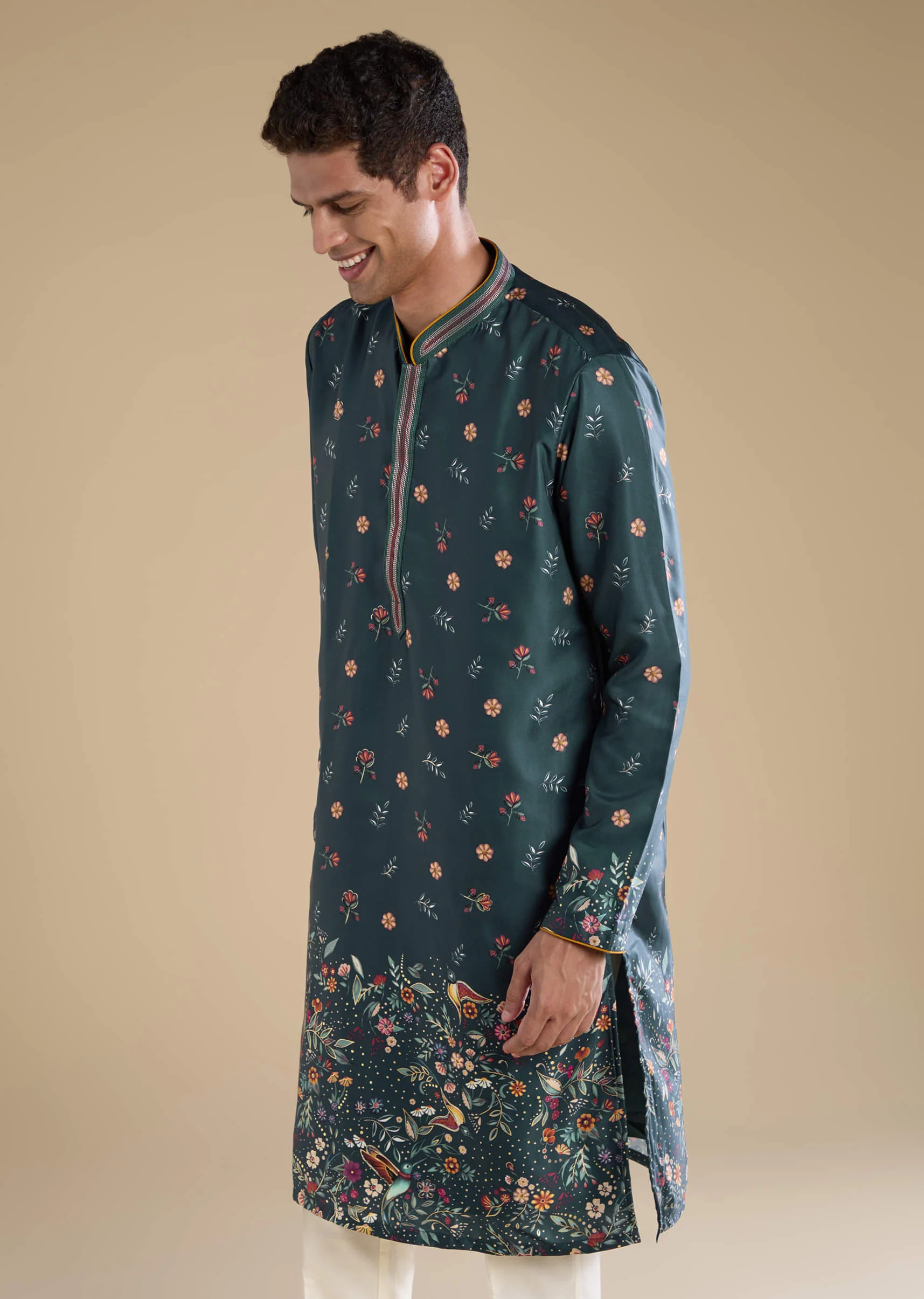 Teal Floral Embroidered Mens Kurta and Pant Set - Image 4