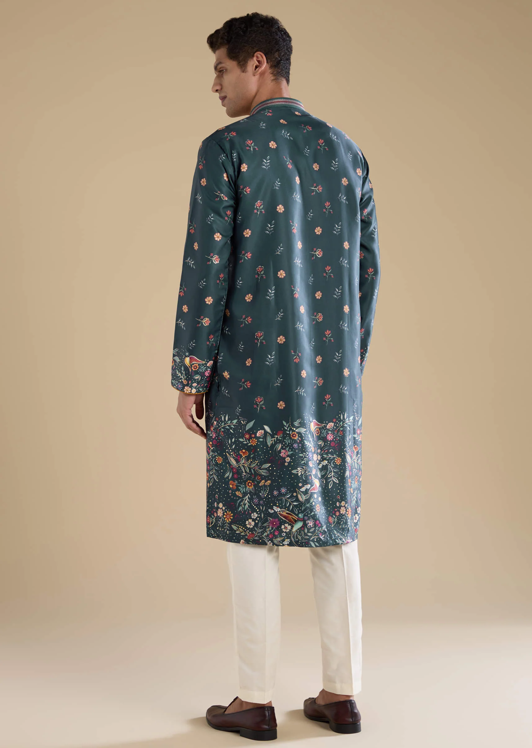 Teal Floral Embroidered Mens Kurta and Pant Set - Image 5