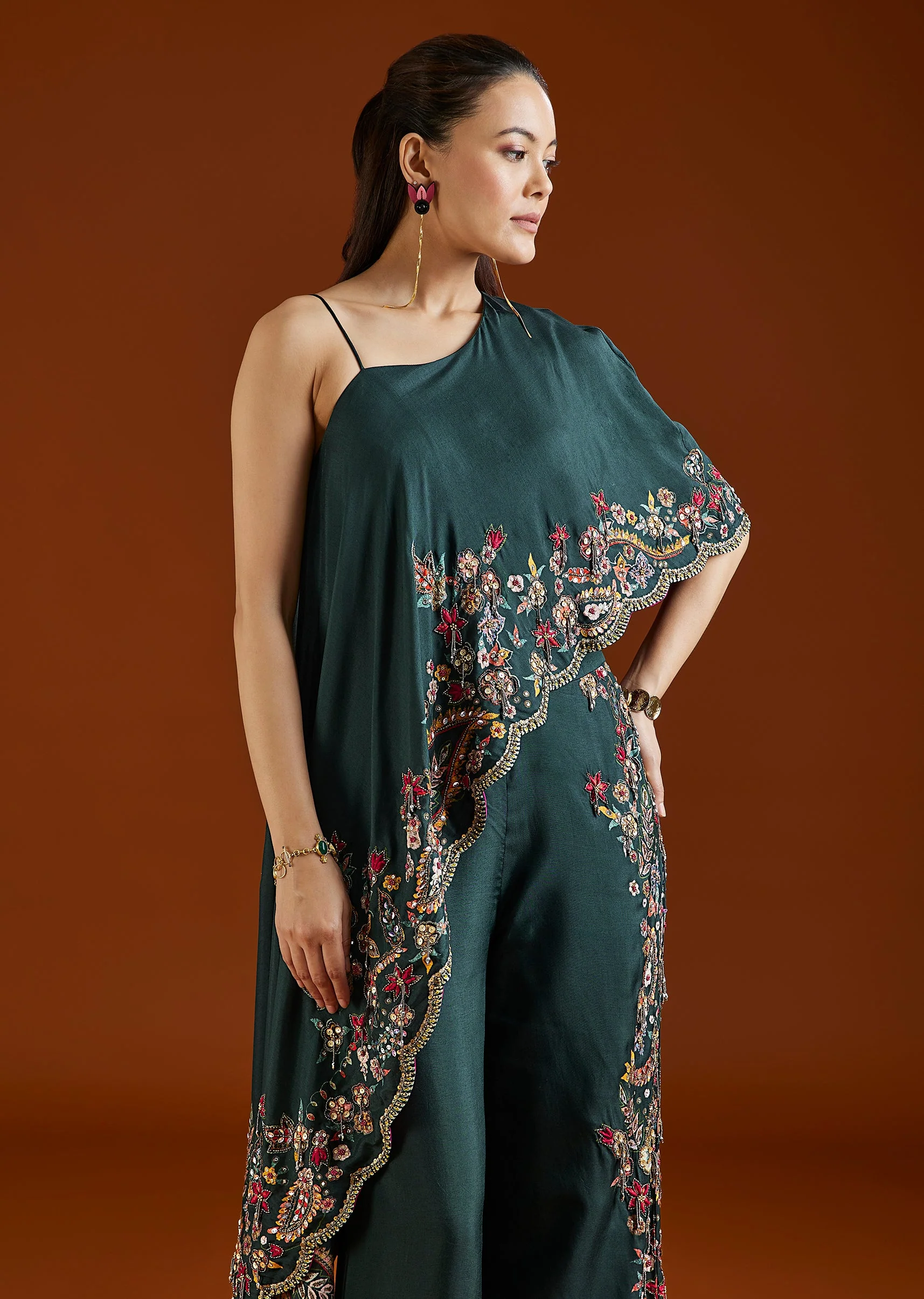 Teal Green Asymmetric Silk Blend Crop Top Palazzo Set - Image 4