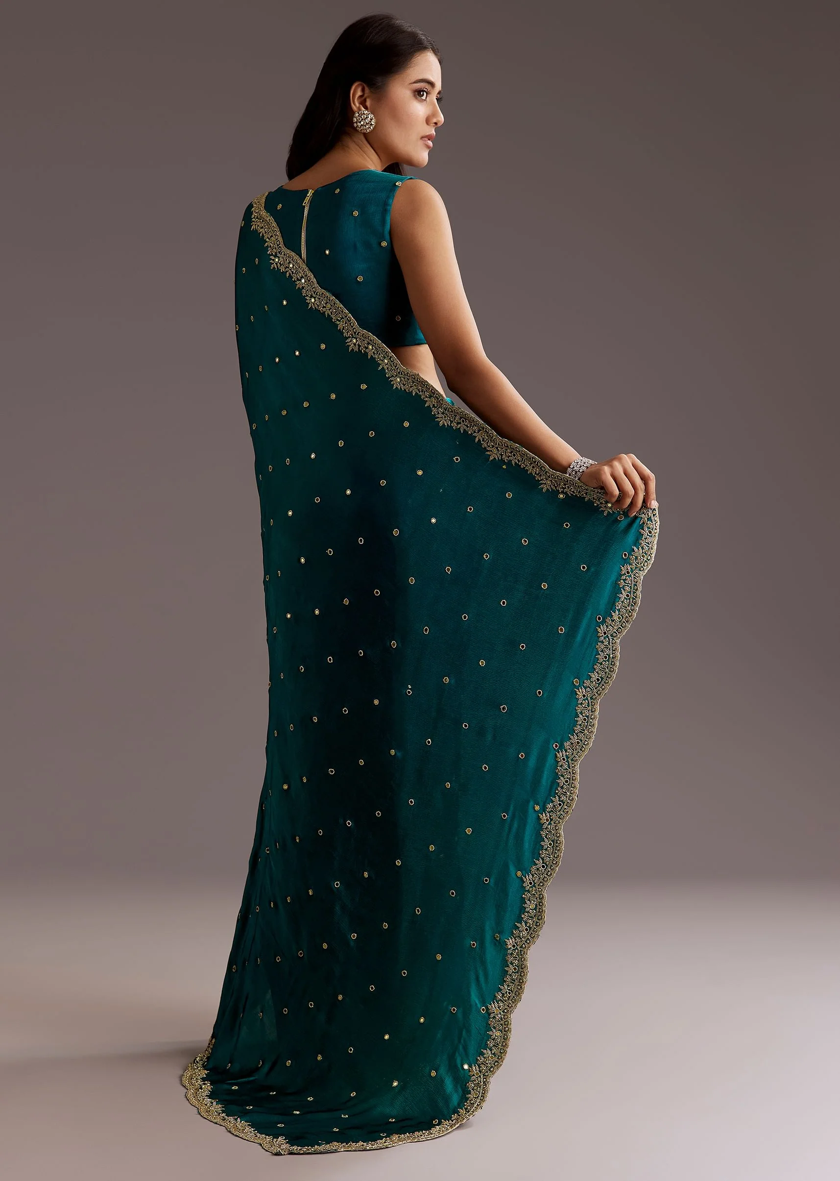 Teal Green Chinon Saree With Cutdana And Sequins Scallop Border - Image 4