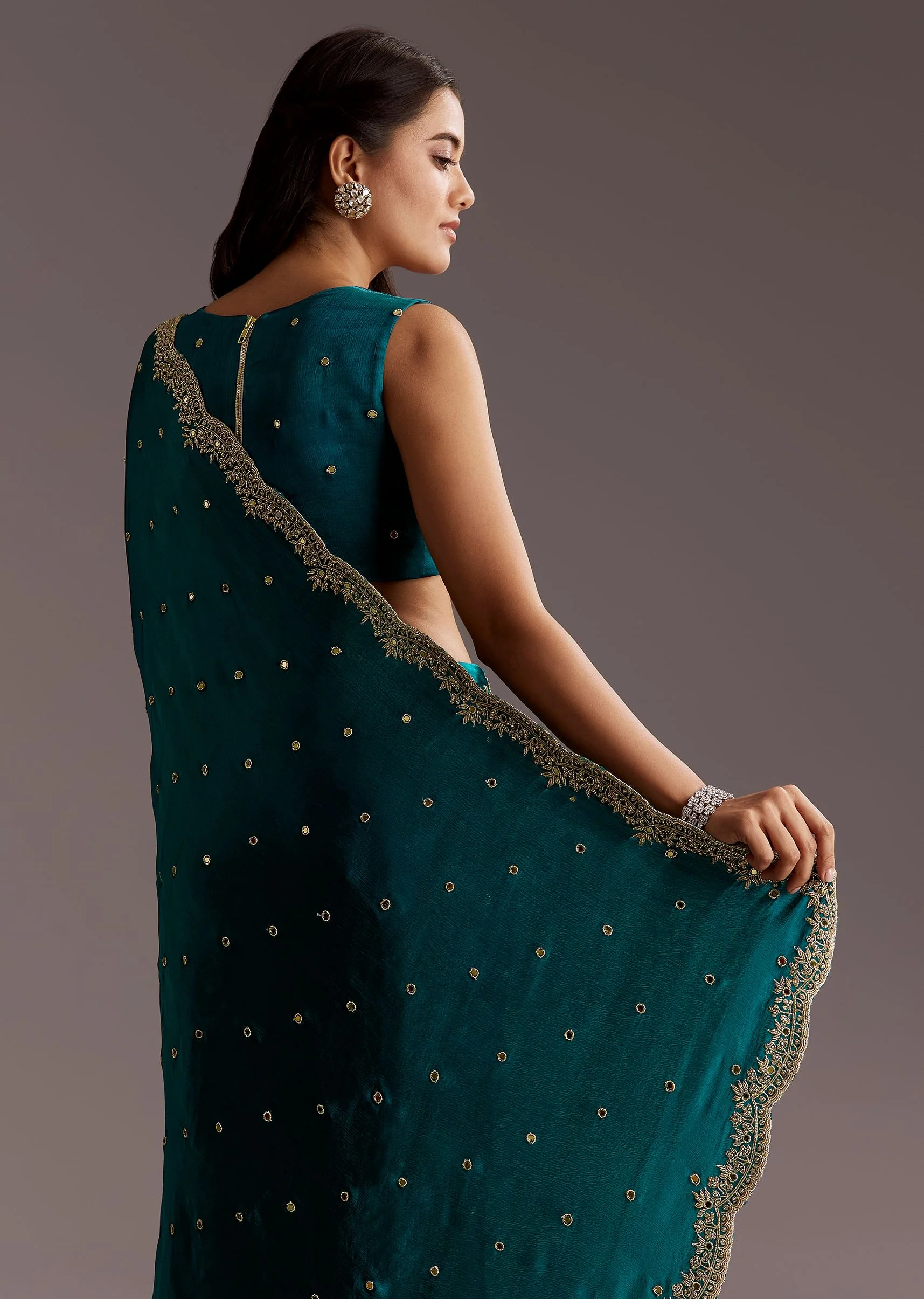 Teal Green Chinon Saree With Cutdana And Sequins Scallop Border - Image 6