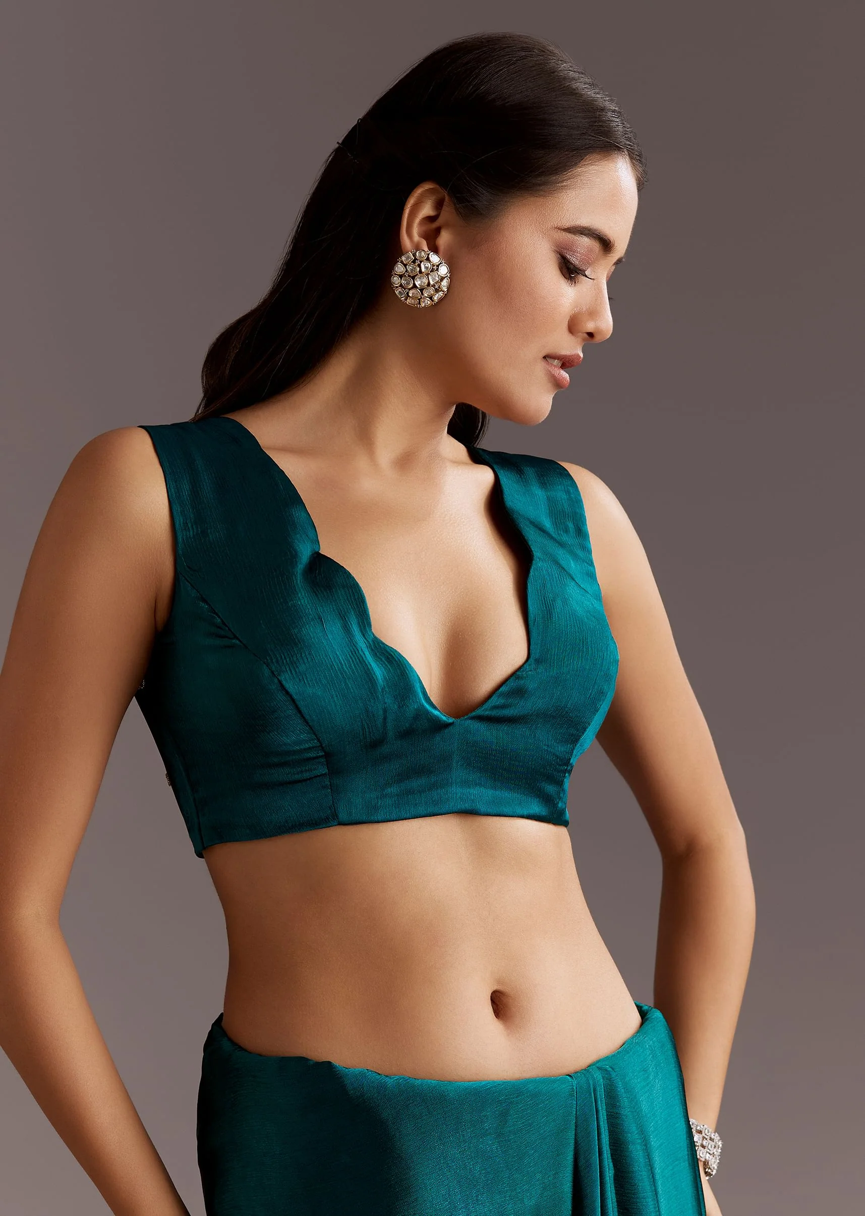 Teal Green Chinon Saree With Cutdana And Sequins Scallop Border - Image 7