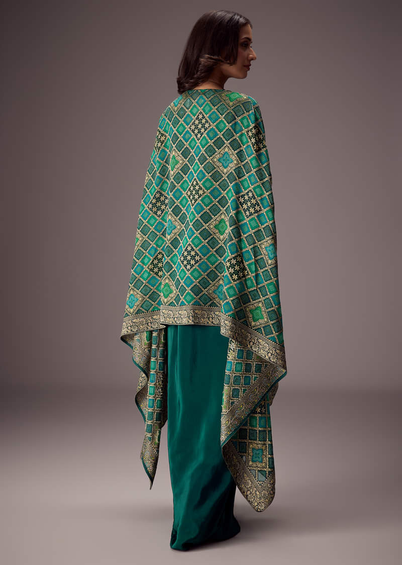 Teal Green Draped Skirt With Embroidered Blouse And Tassel Cape - Image 2