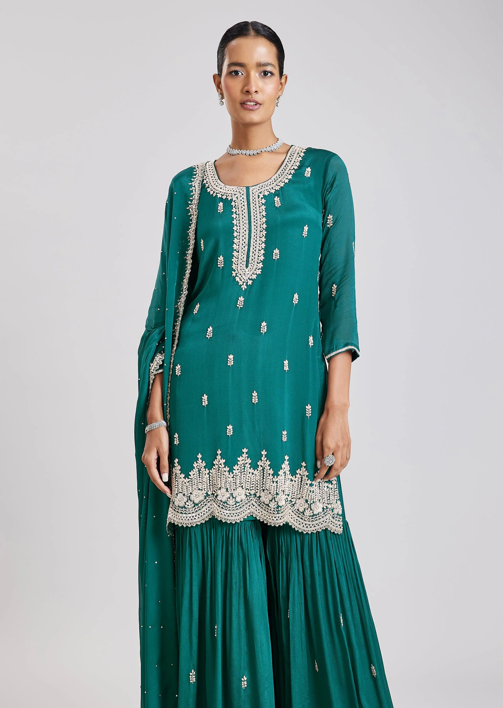 Teal Green Embroidered Sharara Set - Image 4