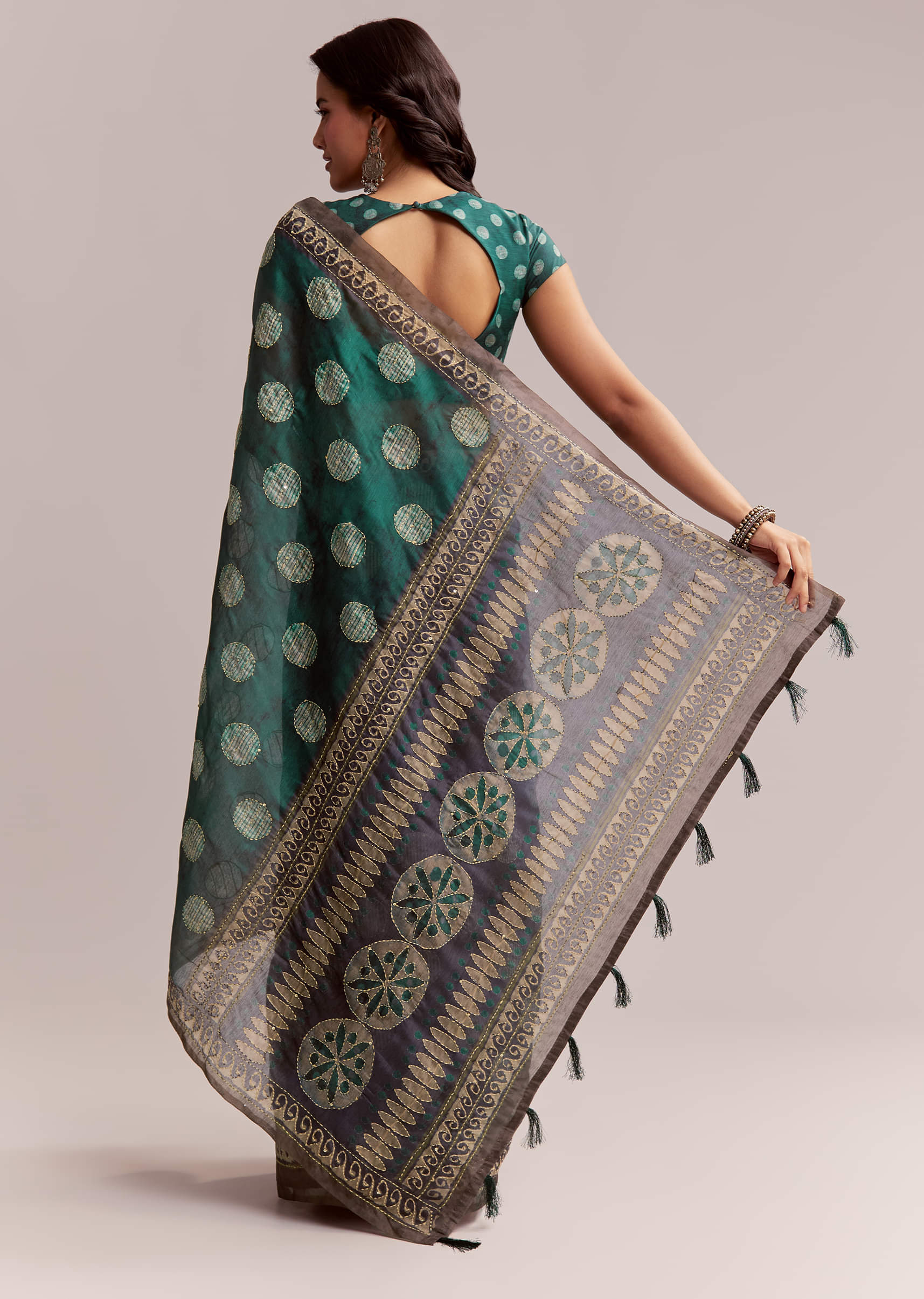 Teal Green Linen Printed Saree With Handcrafted Ajrakh Work - Image 4