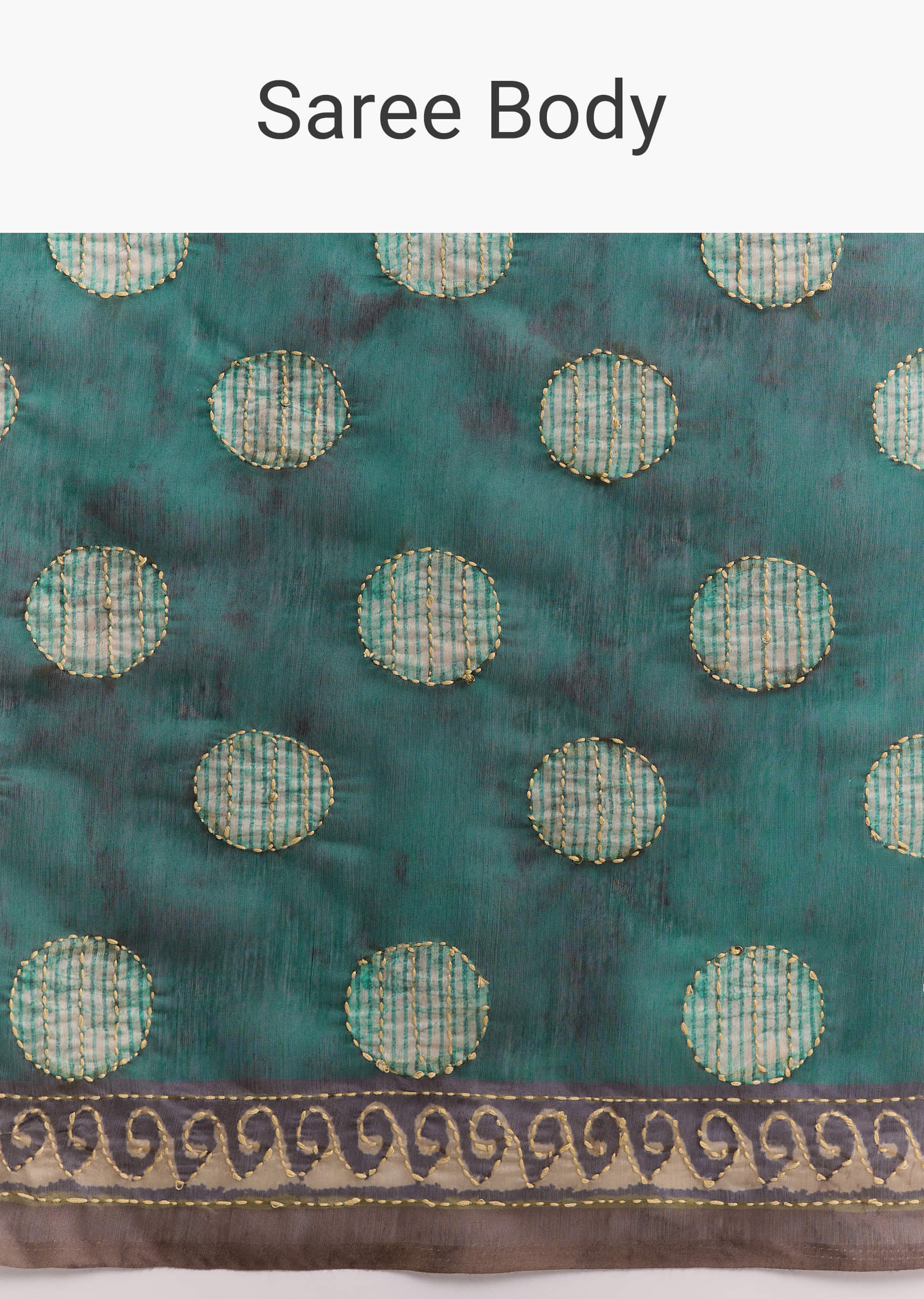Teal Green Linen Printed Saree With Handcrafted Ajrakh Work - Image 9