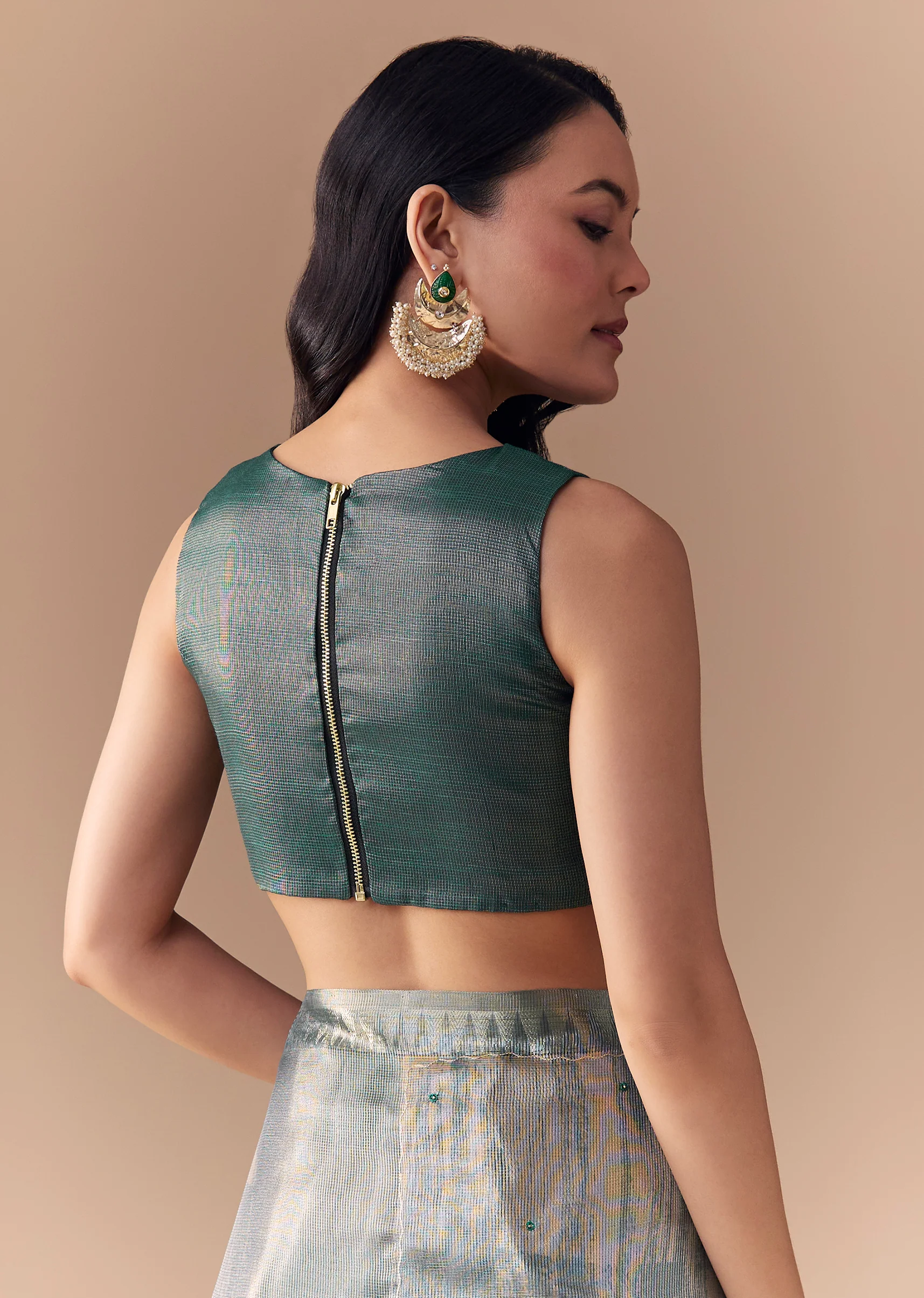 Teal Green Organza Silk Saree with Unstitched Blouse - Image 8