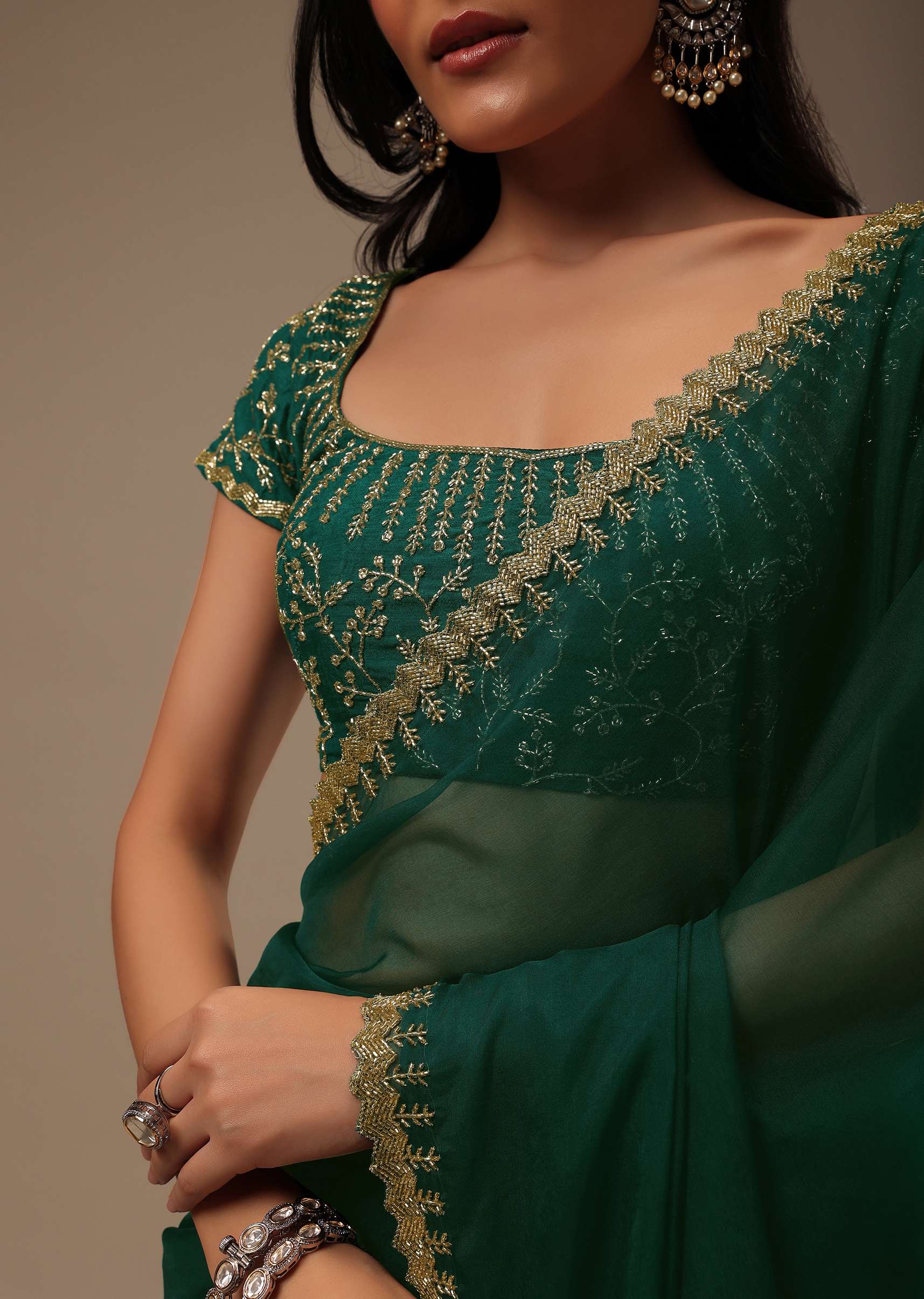 Teal Green Plain Organza Saree With Heavy Cut Dana Work - Image 4