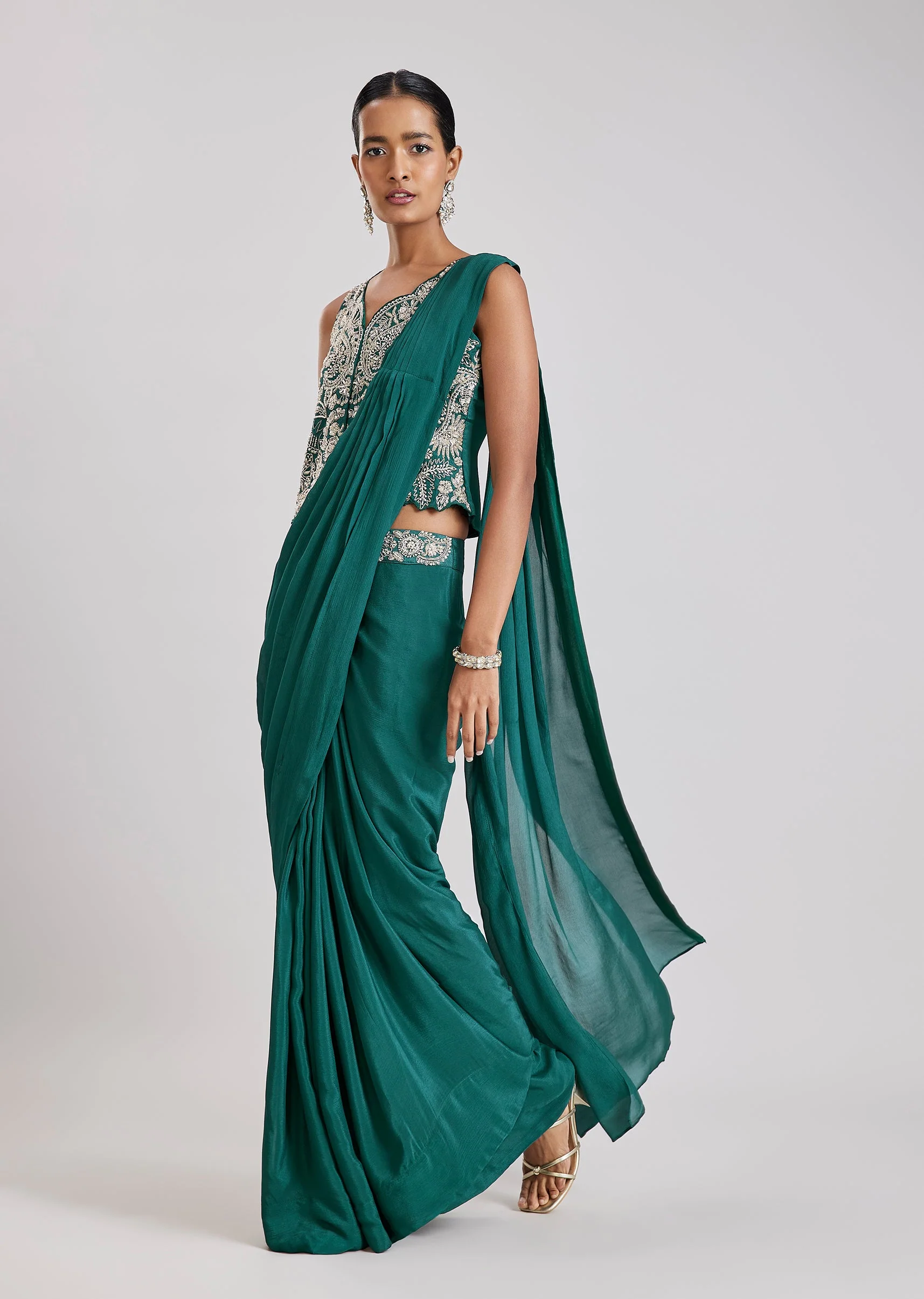 Teal Green Ready Pleated Saree With Stitched Blouse - Image 3