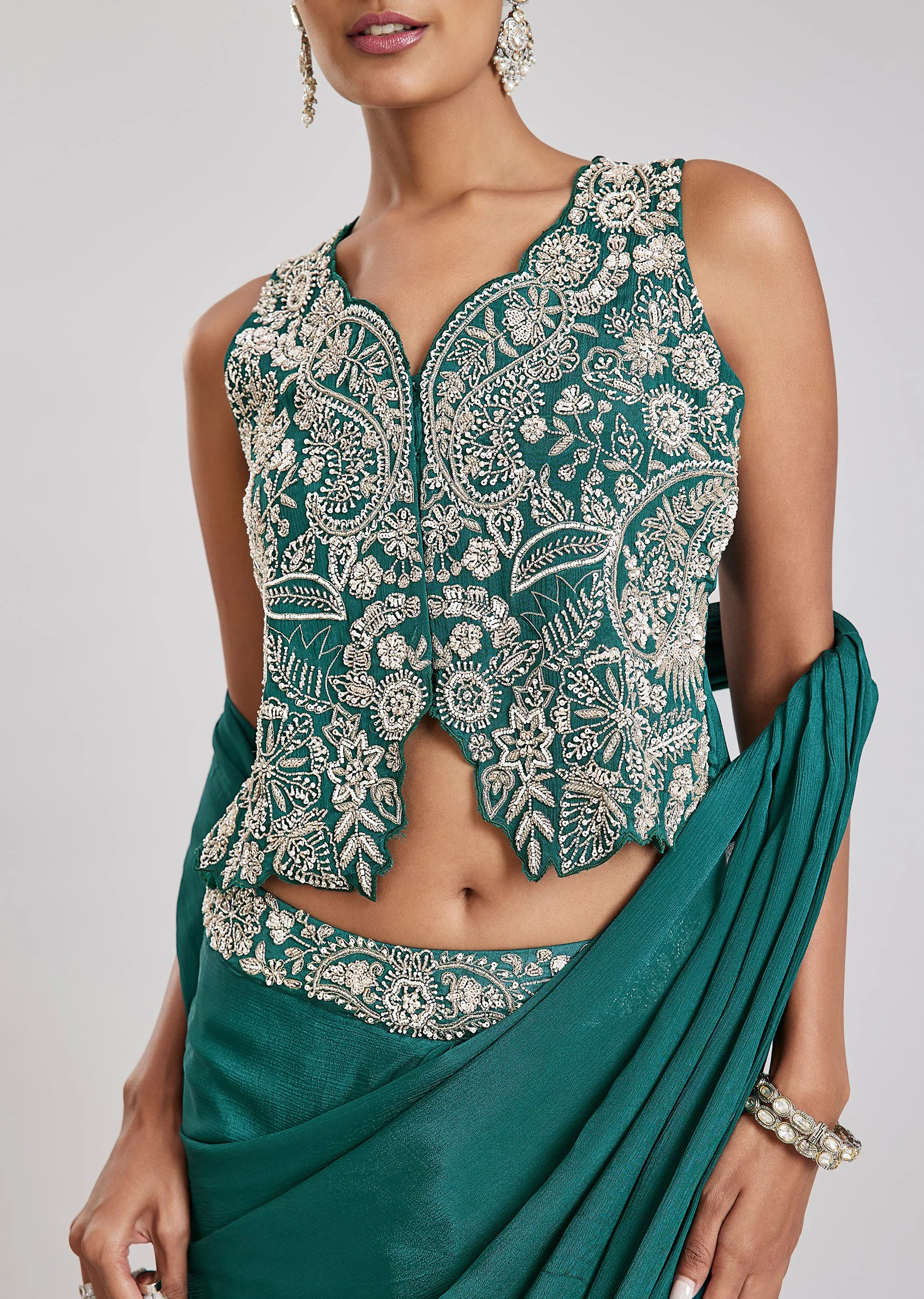 Teal Green Ready Pleated Saree With Stitched Blouse - Image 4