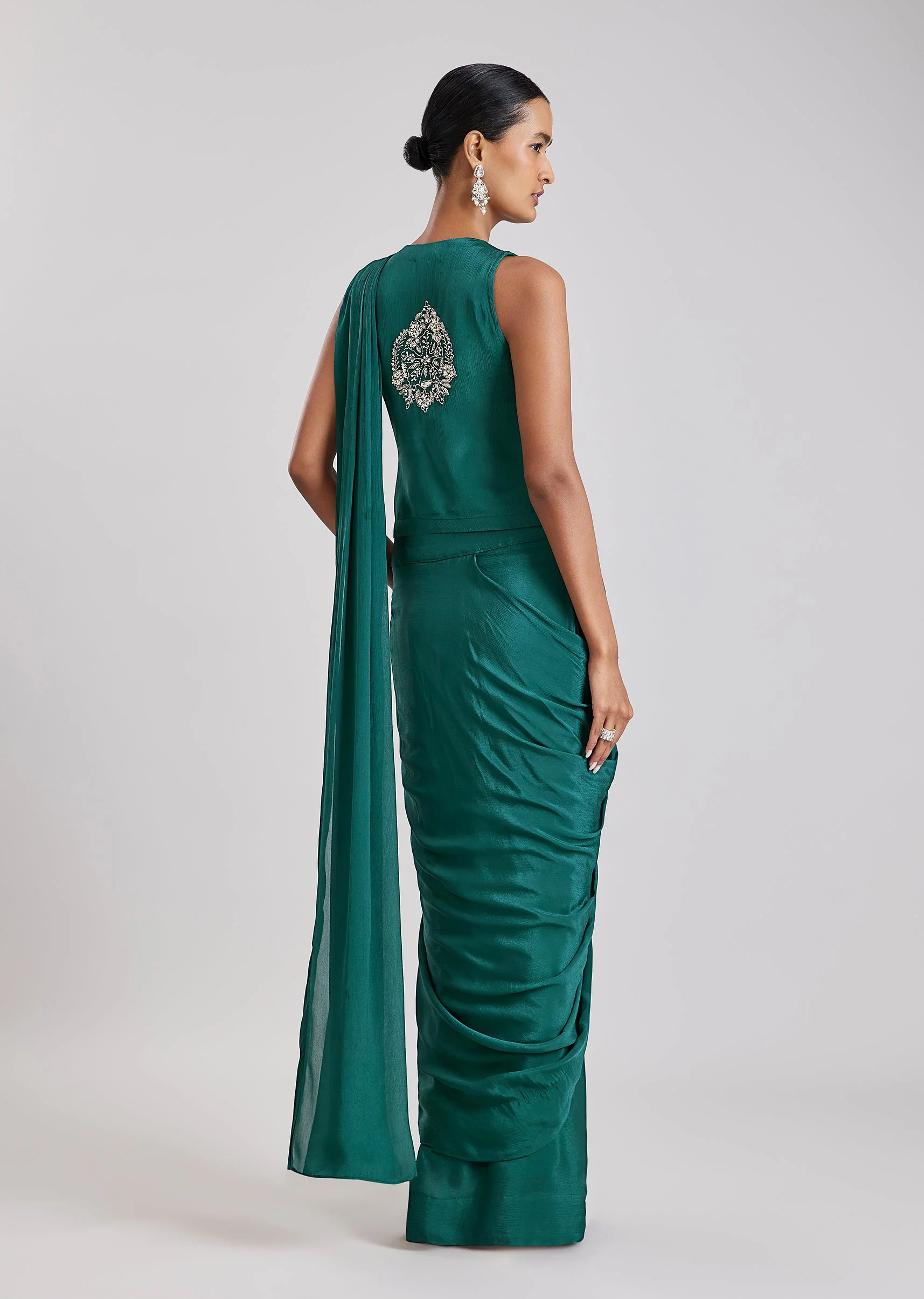 Teal Green Ready Pleated Saree With Stitched Blouse - Image 5