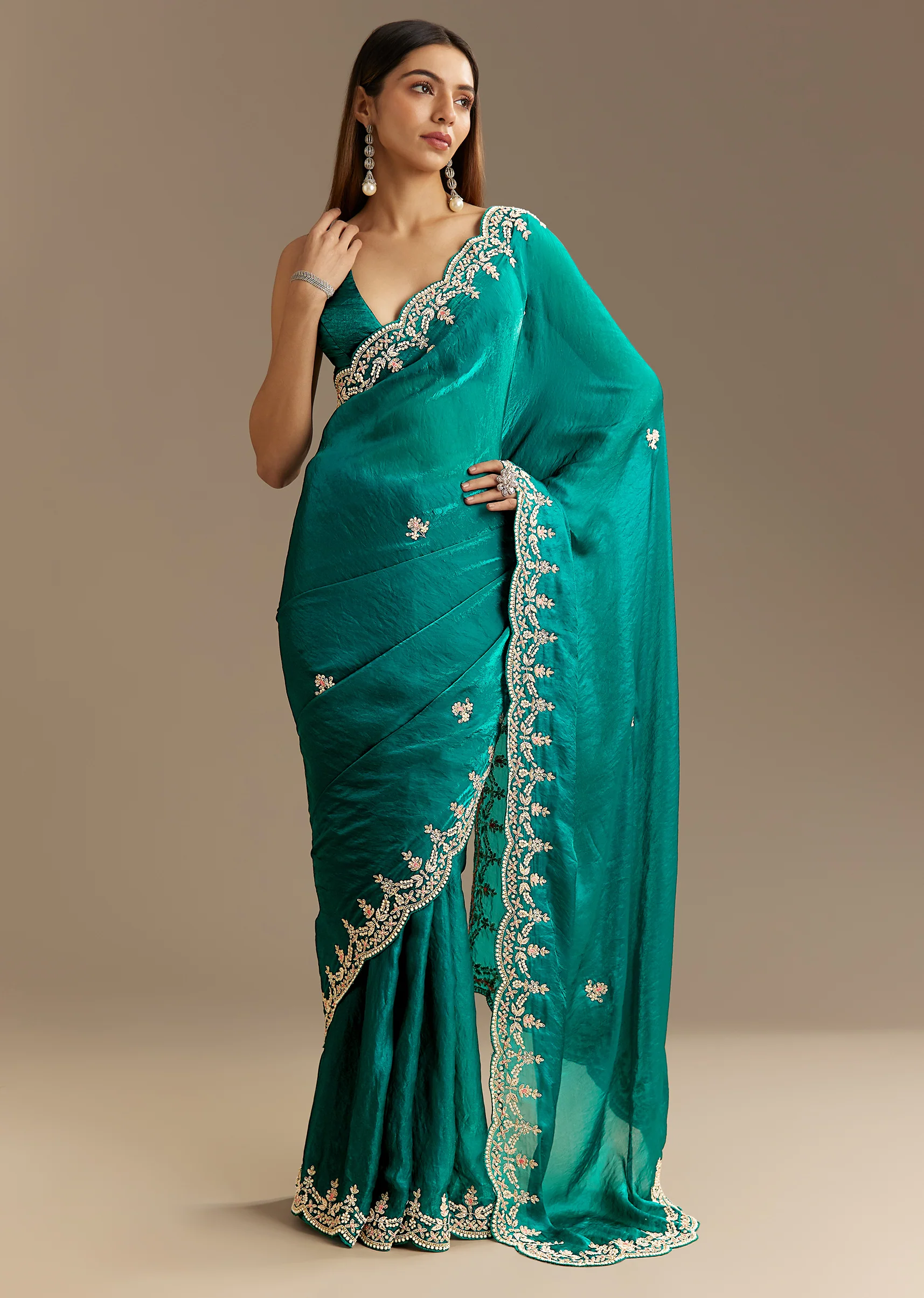 Teal Green Satin Saree With Zardosi Moti Embroidery And Scallop Border - Image 2