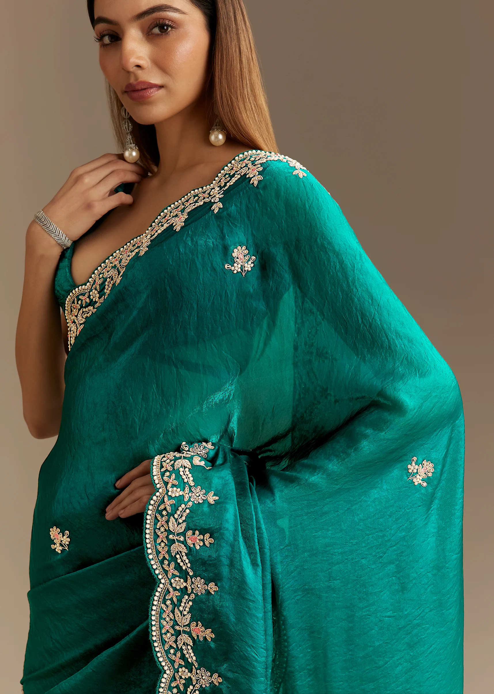 Teal Green Satin Saree With Zardosi Moti Embroidery And Scallop Border - Image 3