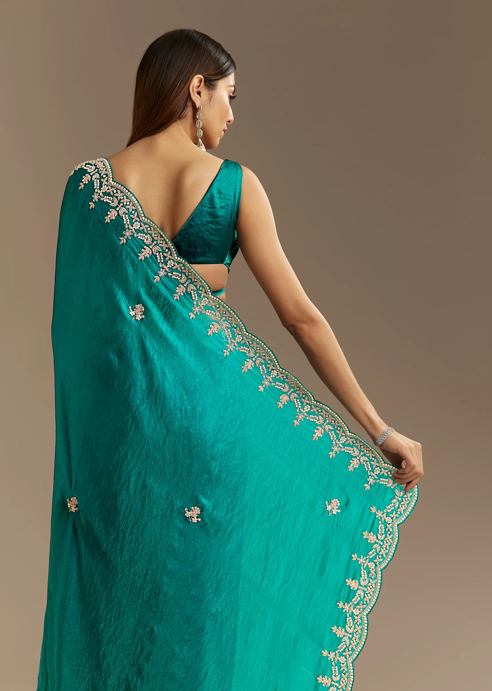 Teal Green Satin Saree With Zardosi Moti Embroidery And Scallop Border - Image 4