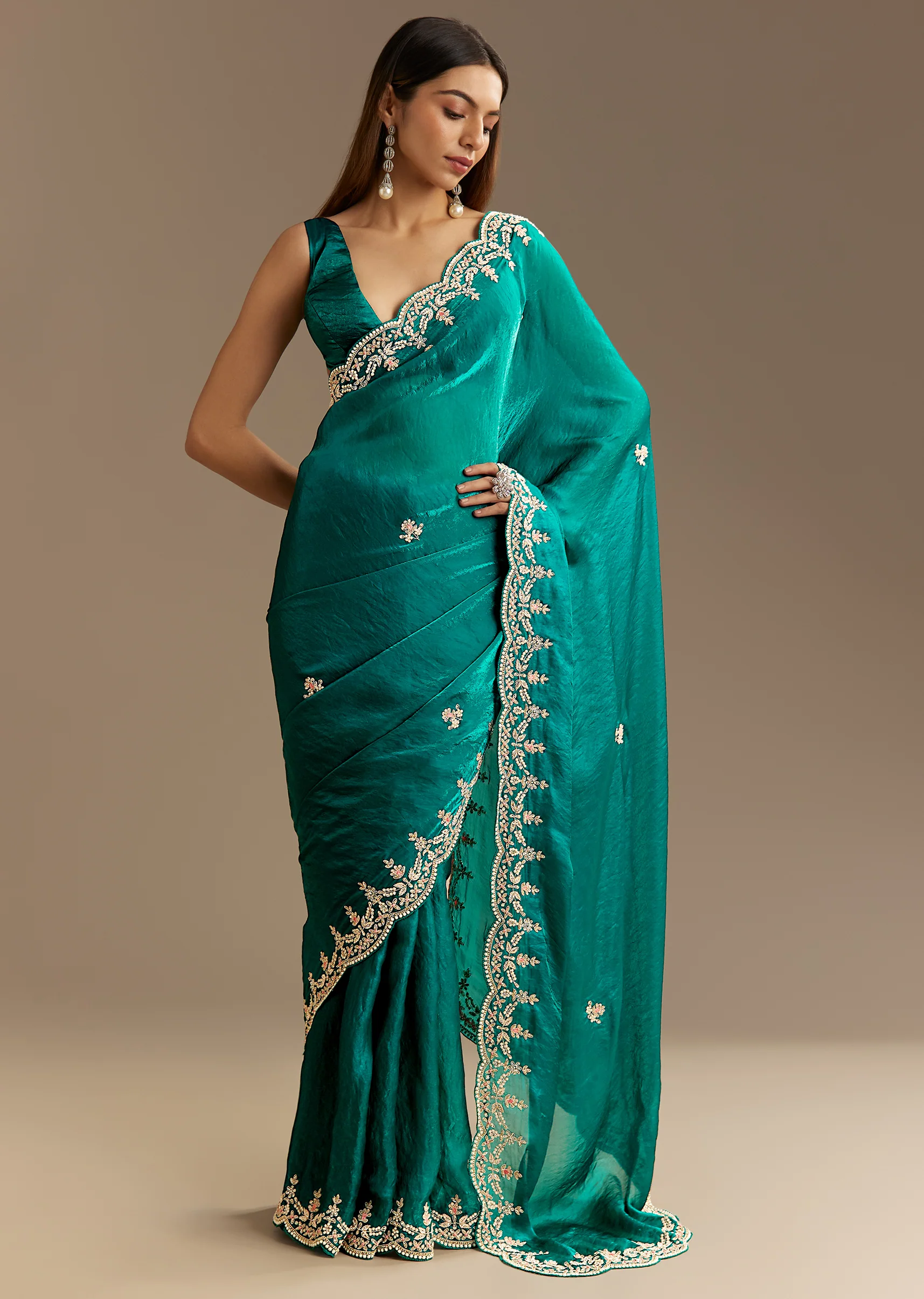 Teal Green Satin Saree With Zardosi Moti Embroidery And Scallop Border - Image 5